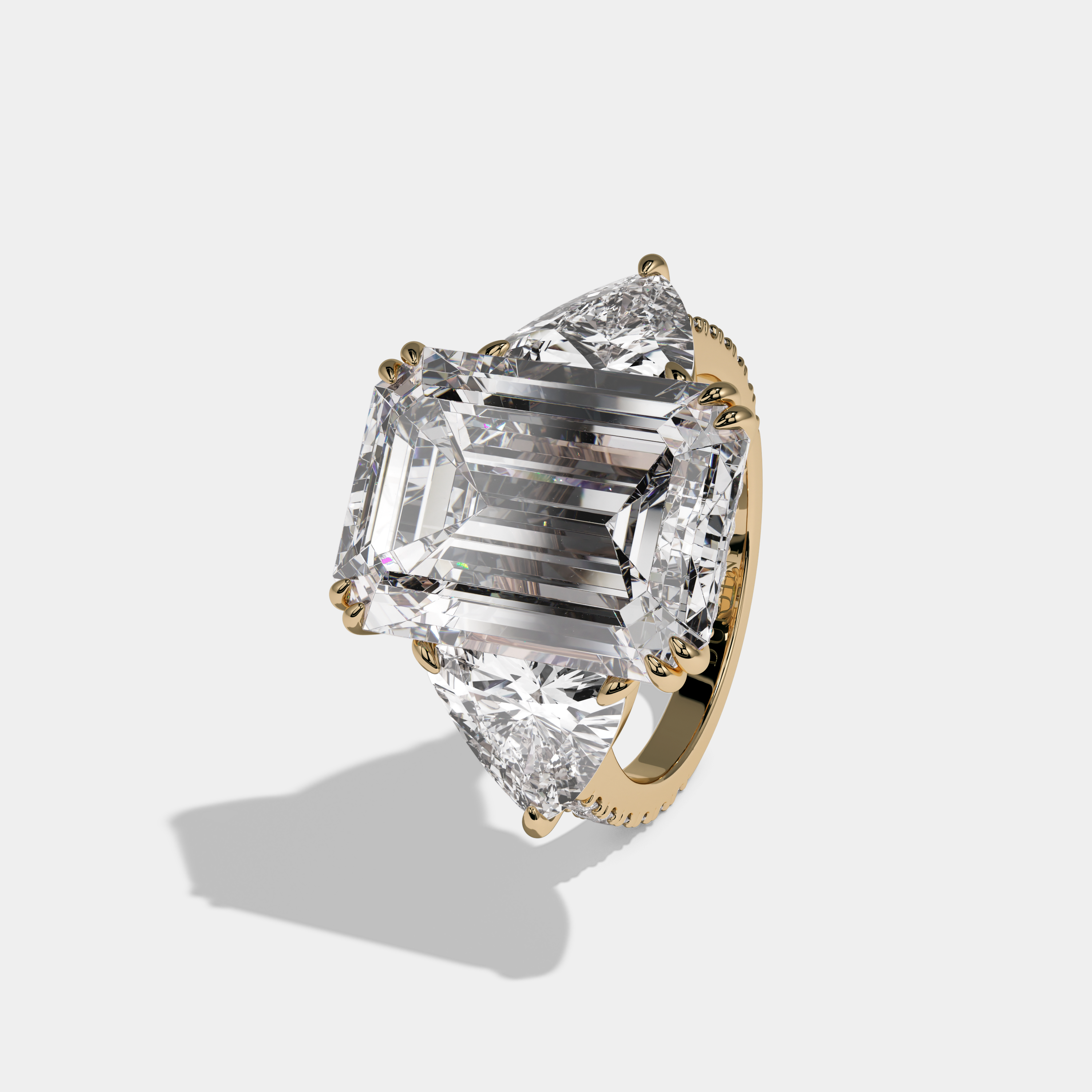 Adelaide Emerald Cut Diamond Halo Engagement Ring With Twin Trillion Cut Sides 10ct 18K Yellow Gold