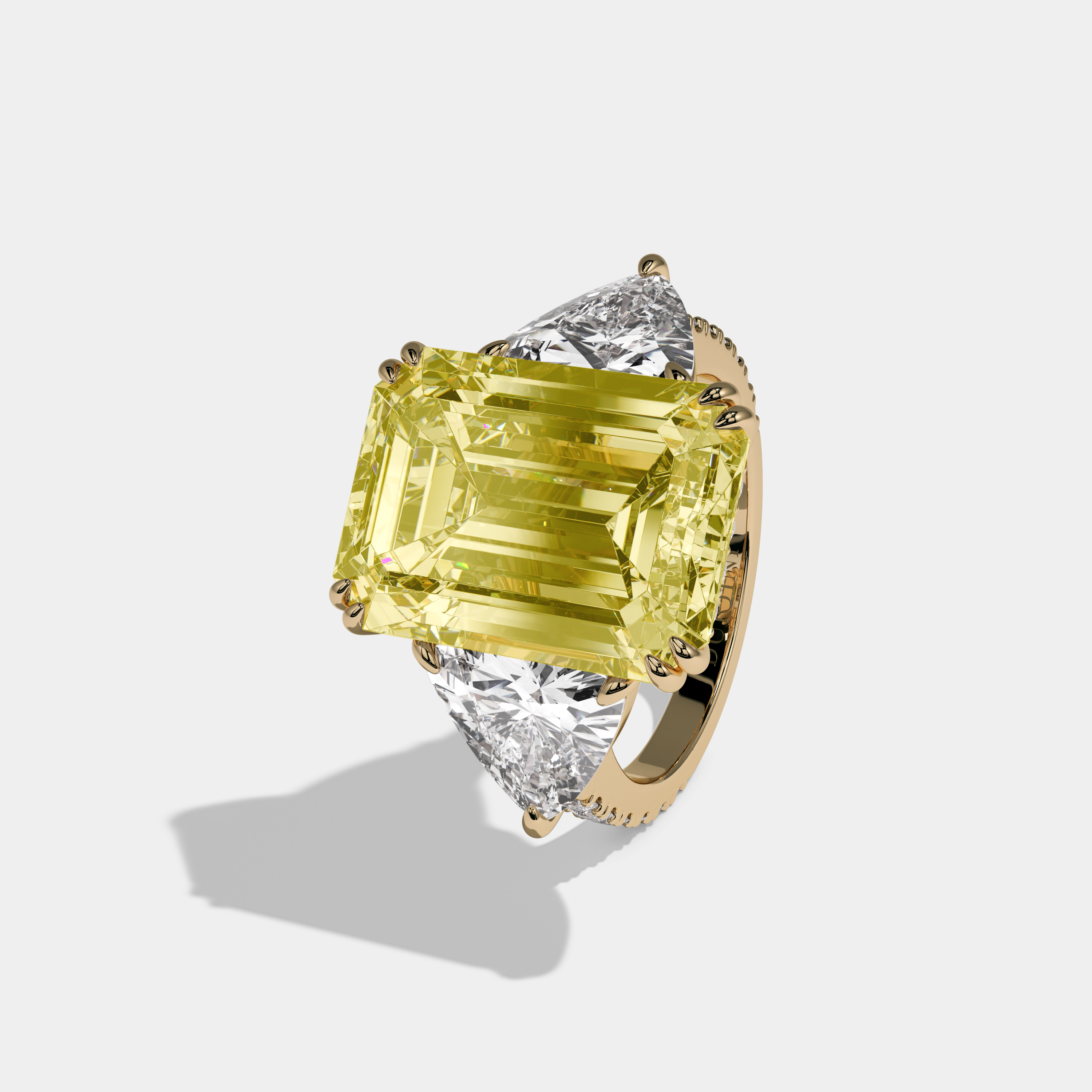 Elizabeth Fancy Yellow Emerald Cut Diamond Halo Engagement Ring With Twin Trillion Cut Sides 10ct 18K Yellow Gold