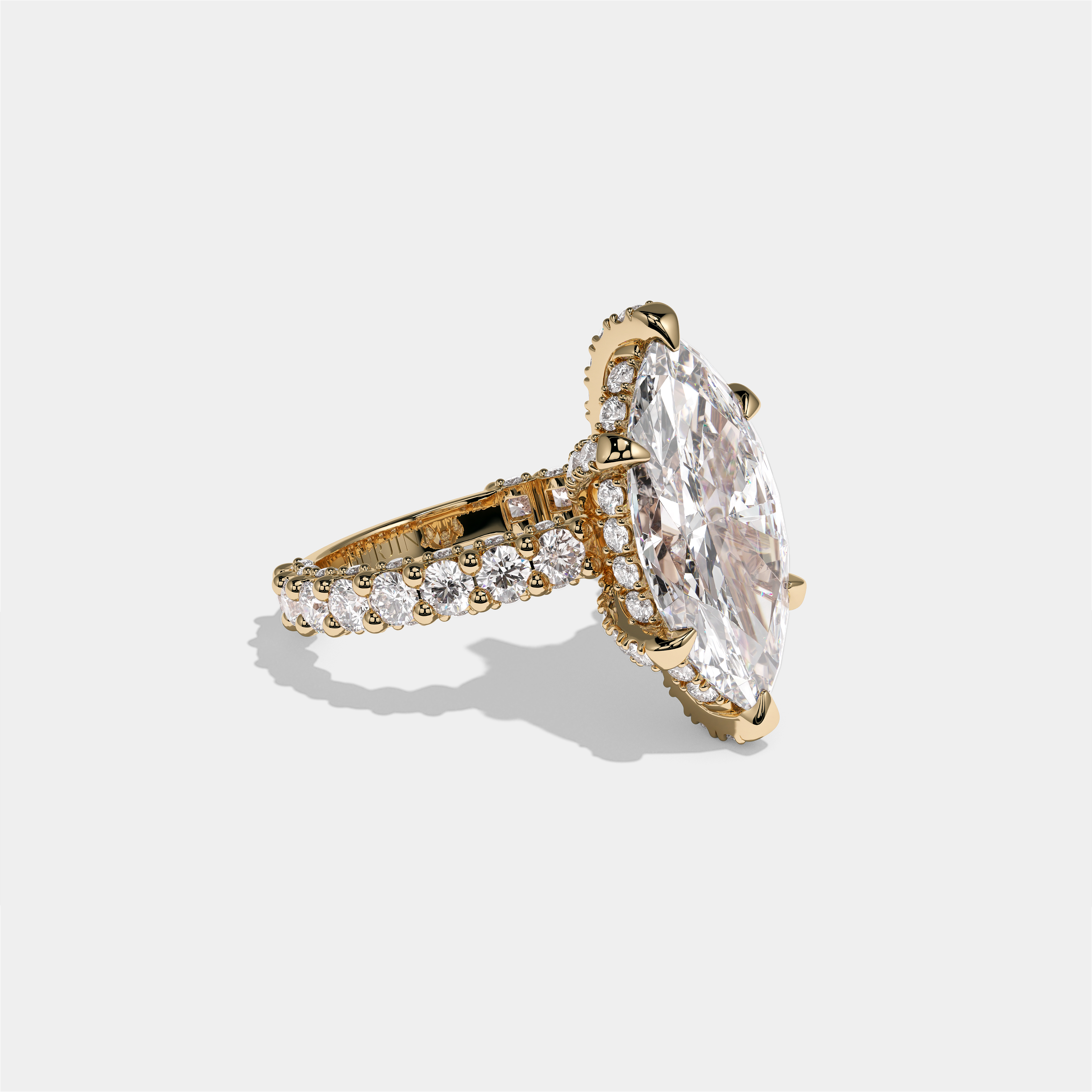 Aviva Ravenscroft diamond marquise halo engagement ring in 18K yellow gold by Kurbãni Durjini, right view