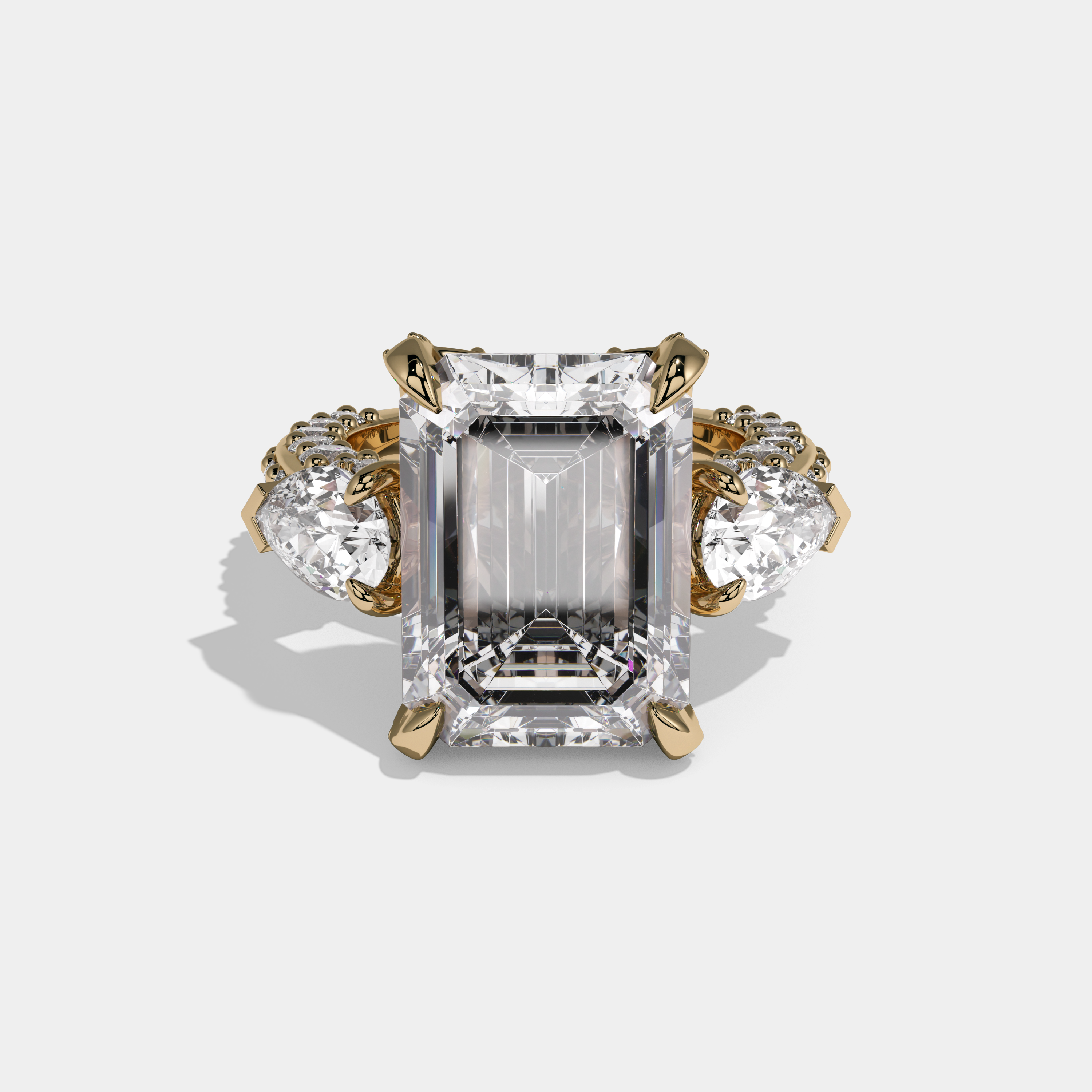 Arabella Emerald Cut Diamond Halo With Pear Cut Side Diamond Band Engagement Ring 10ct 18K Yellow Gold
