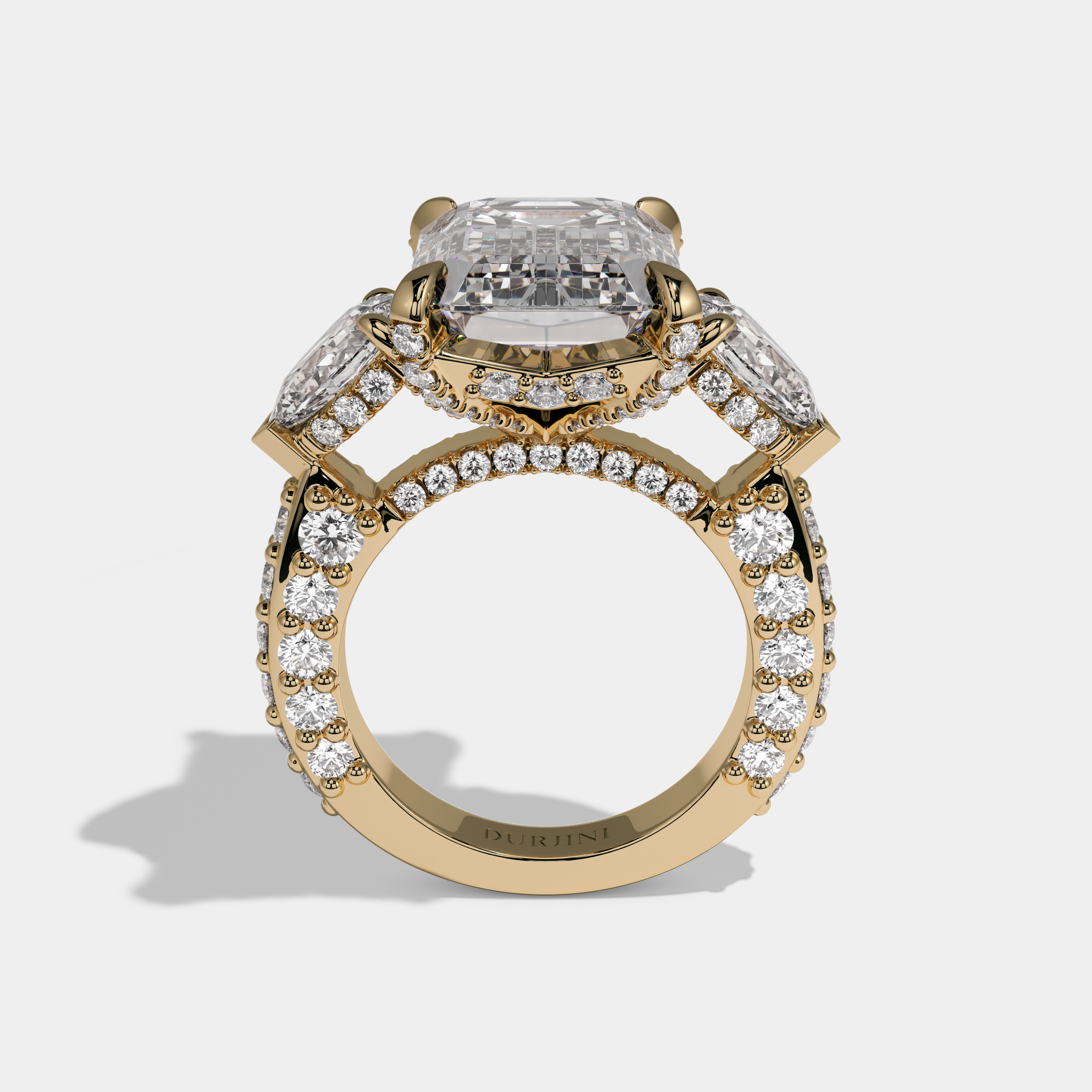 Arabella Emerald Cut Diamond Halo With Pear Cut Side Diamond Band Engagement Ring 10ct 18K Yellow Gold