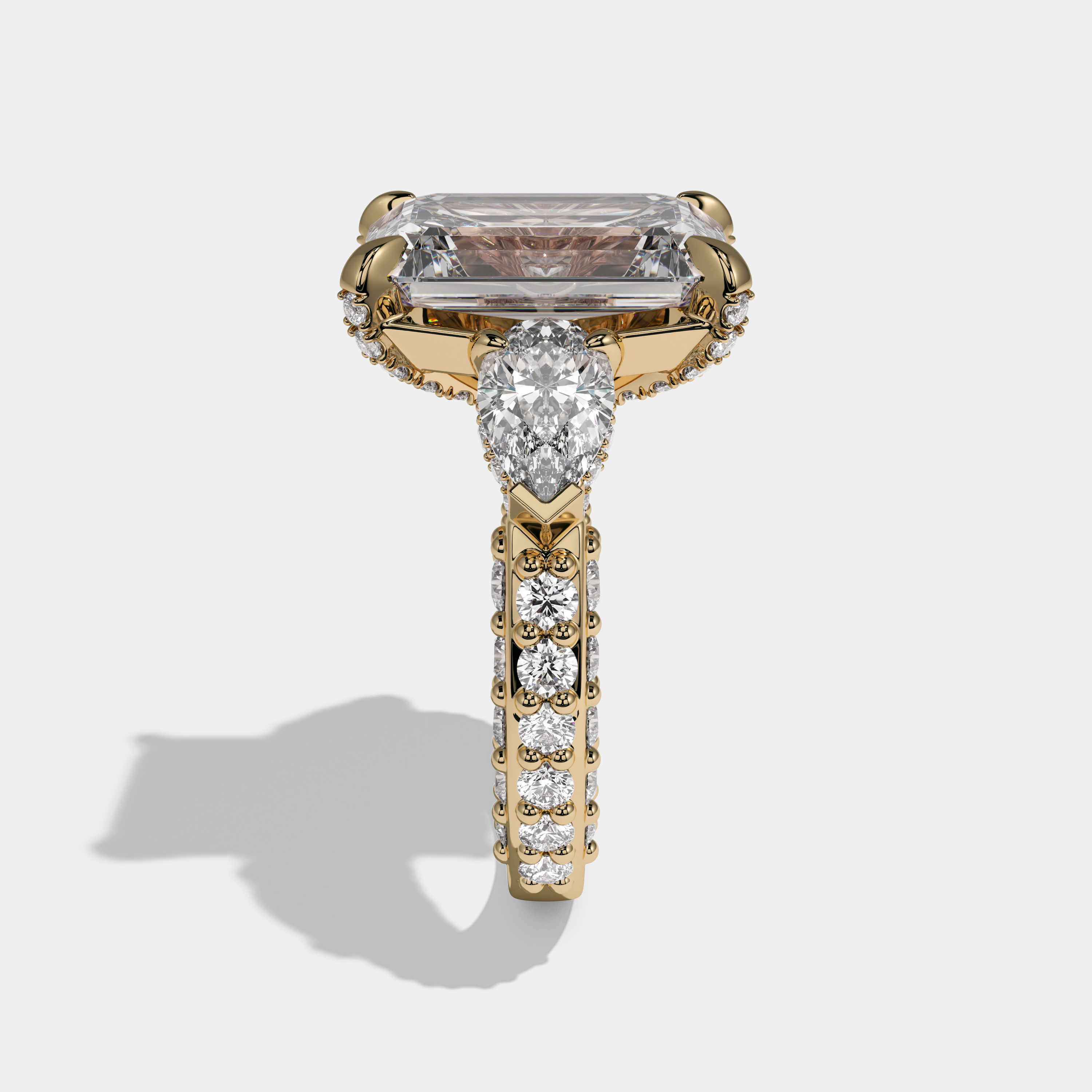 Arabella Emerald Cut Diamond Halo With Pear Cut Side Diamond Band Engagement Ring 10ct 18K Yellow Gold