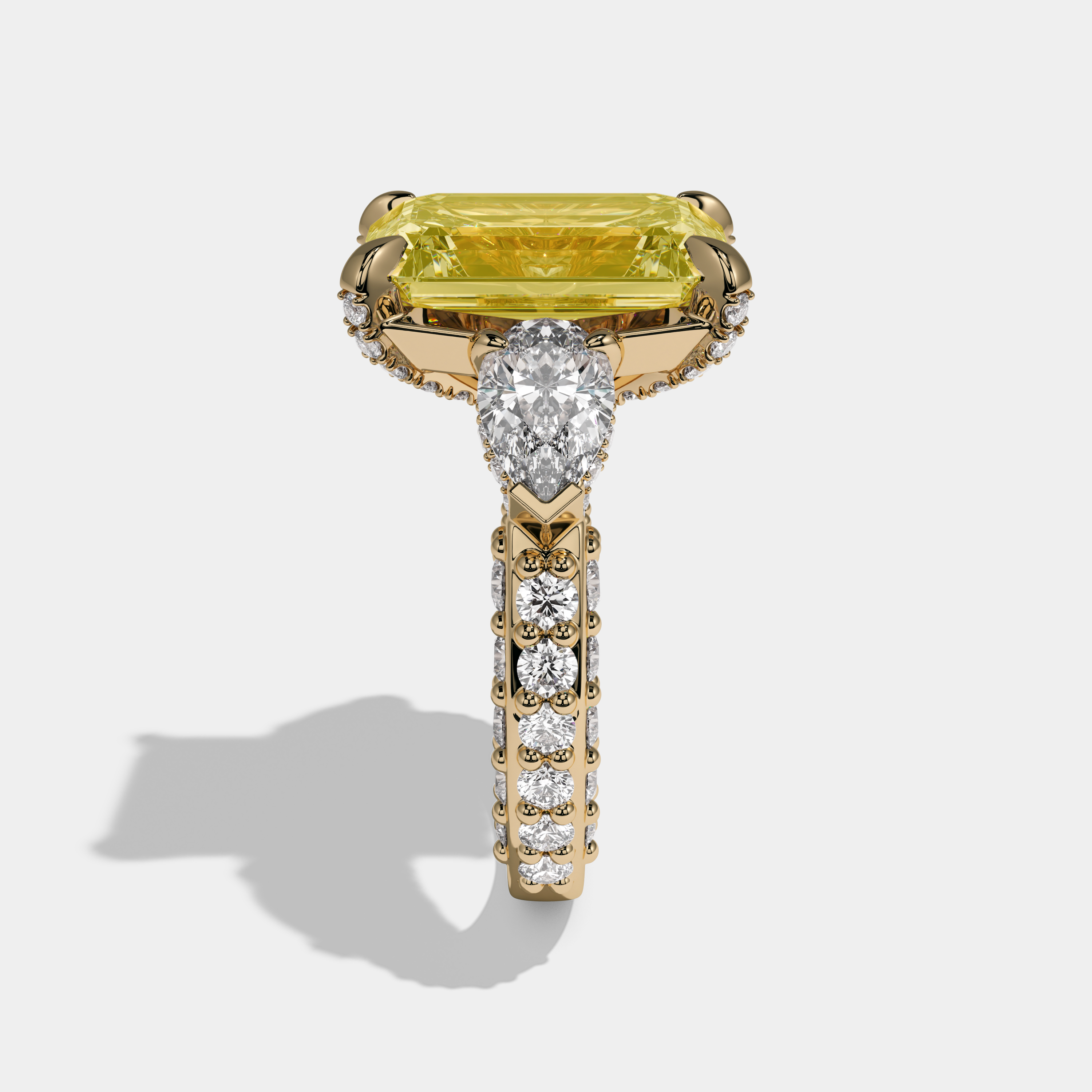 Charlotte Fancy Yellow Emerald Cut Diamond Halo With Pear Cut Side Diamond Band Engagement Ring 10ct 18k Yellow Gold