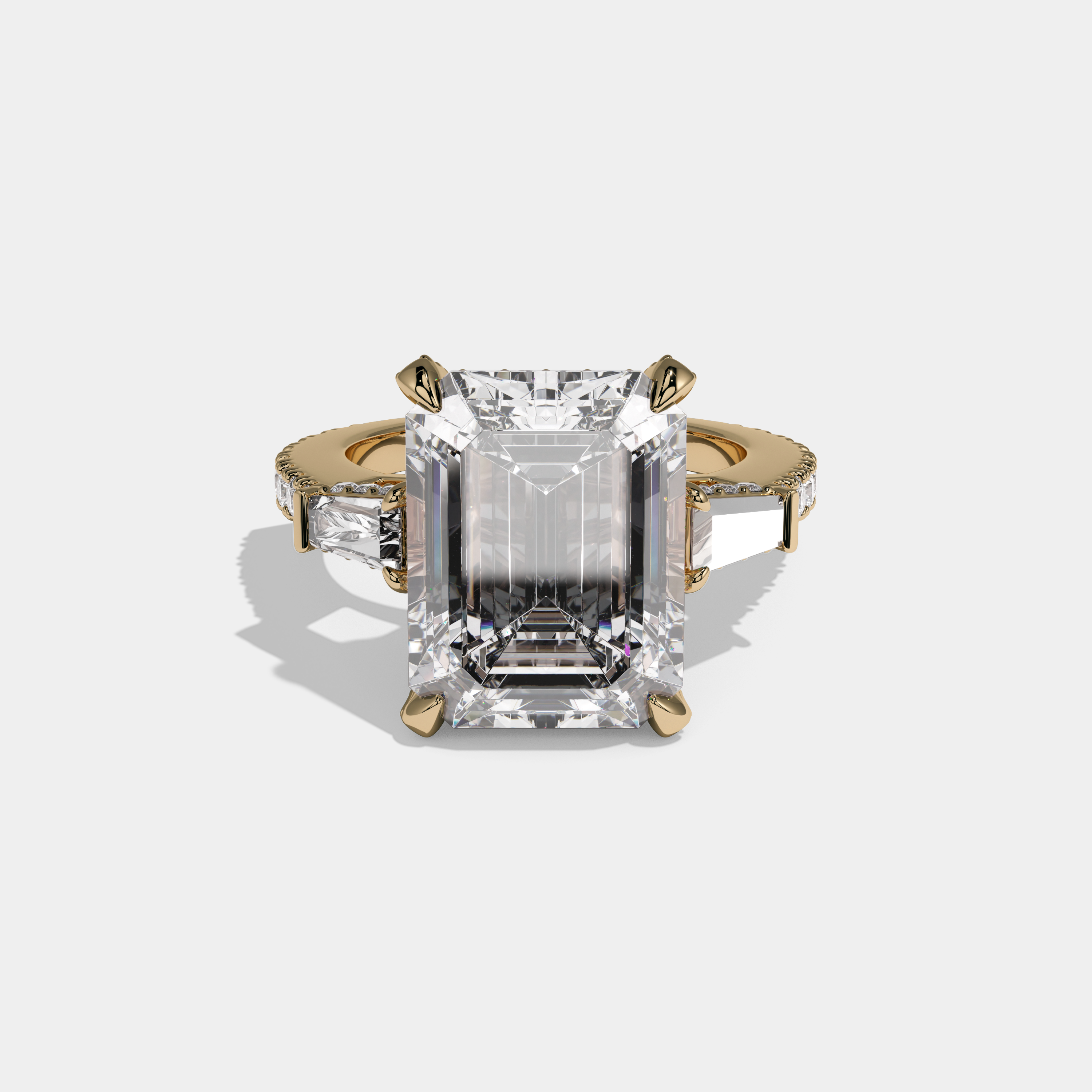 Henrietta Emerald Cut Diamond Halo Band With Twin Baguette Sides Engagement Ring 10ct 18K Yellow Gold
