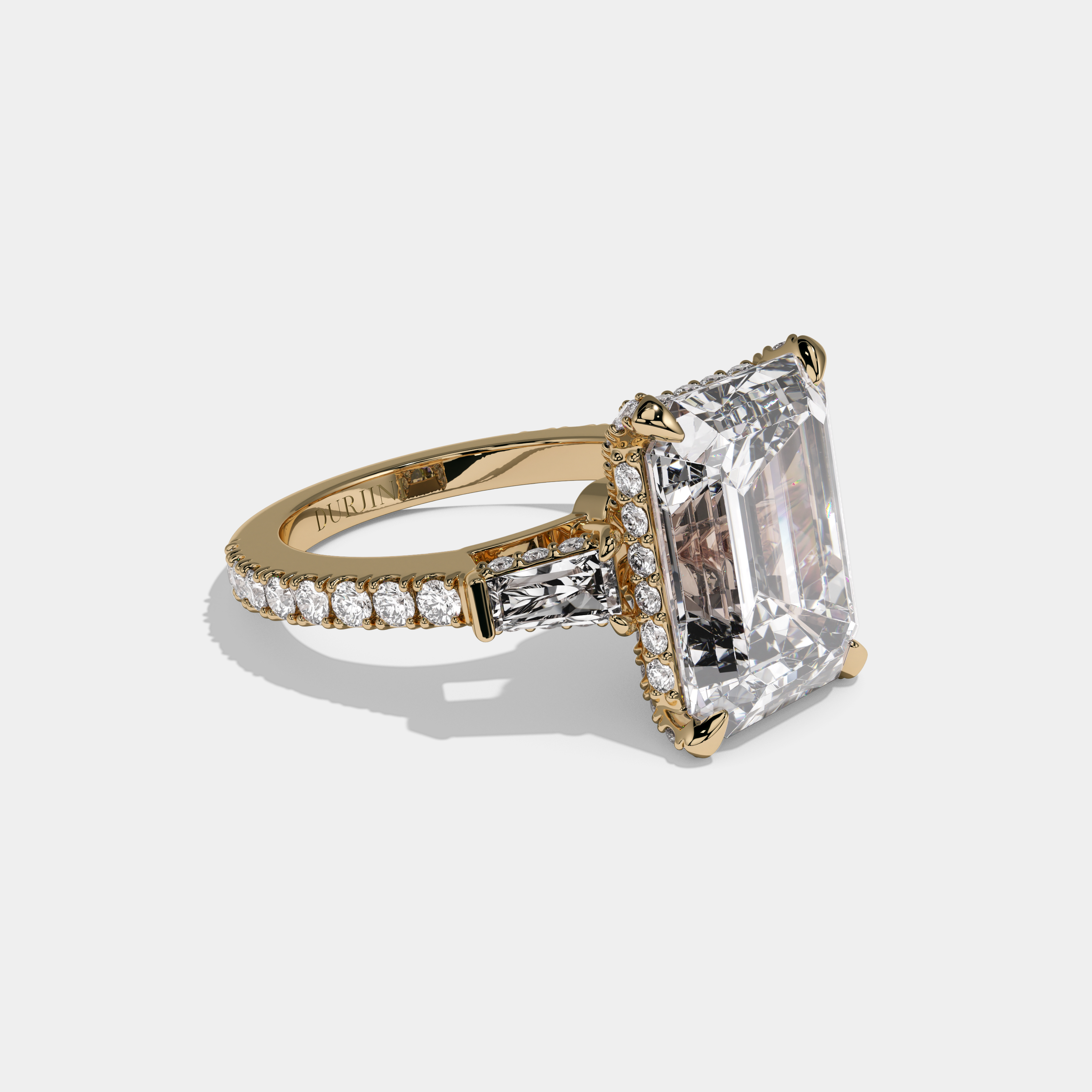 Henrietta Emerald Cut Diamond Halo Band With Twin Baguette Sides Engagement Ring 10ct 18K Yellow Gold