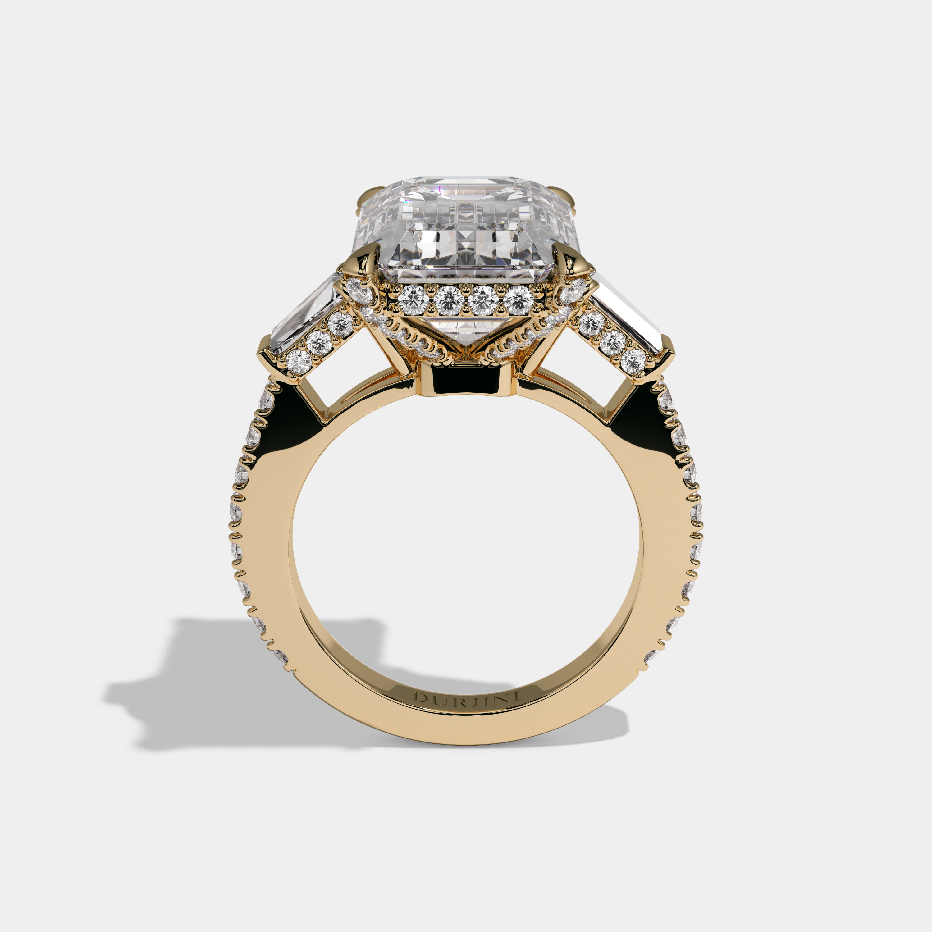 Henrietta Emerald Cut Diamond Halo Band With Twin Baguette Sides Engagement Ring 10ct 18K Yellow Gold