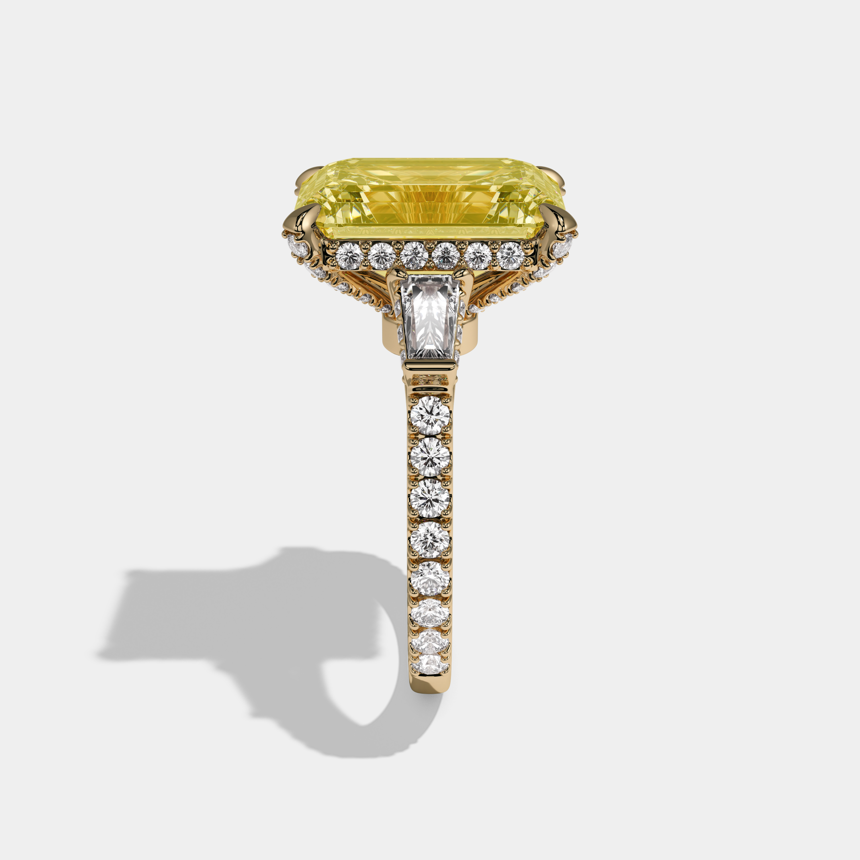 Charlotte Fancy Yellow Emerald Cut Diamond Halo Band With Twin Baguette Sides Engagement Ring 8ct 18k Yellow Gold