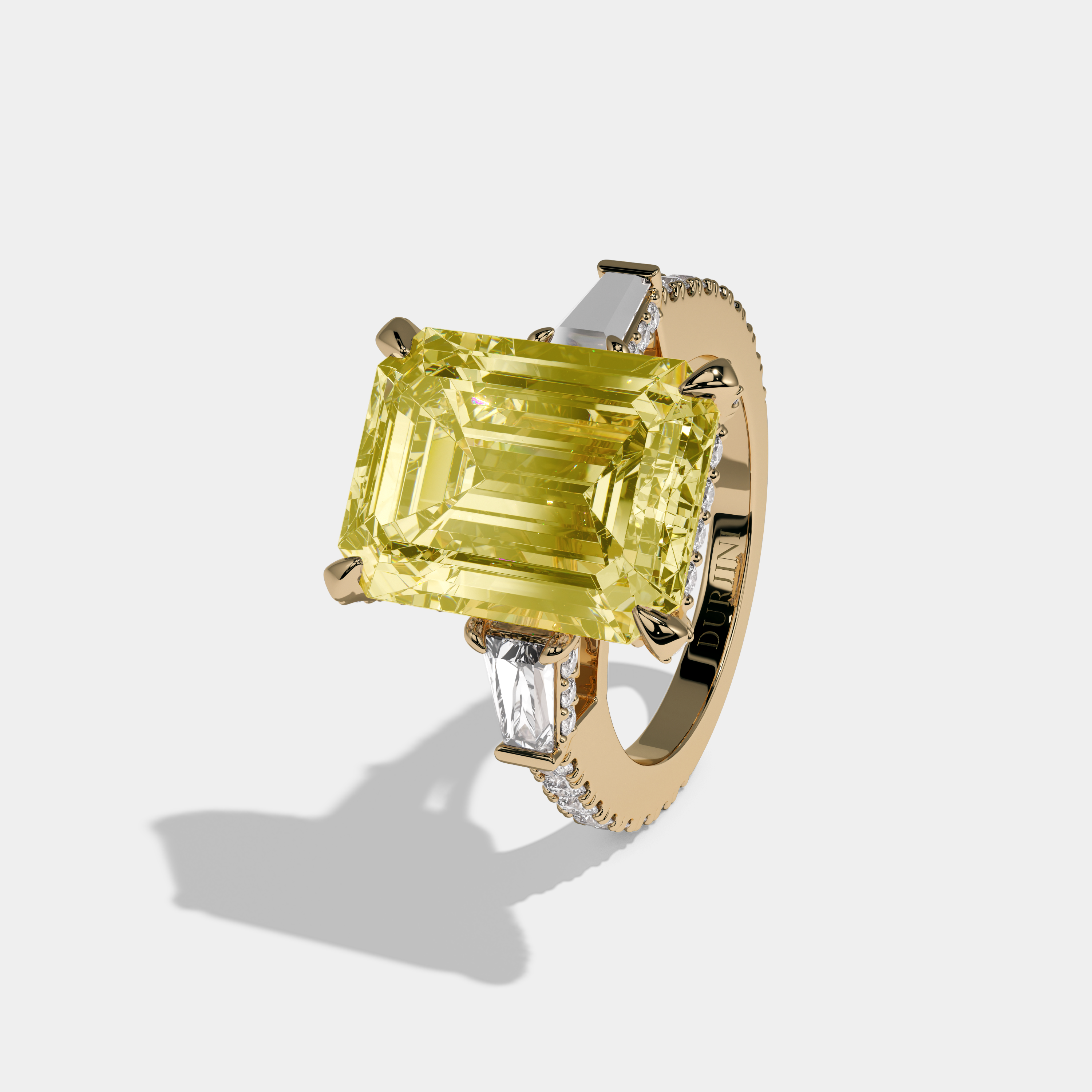 Charlotte Fancy Yellow Emerald Cut Diamond Halo Band With Twin Baguette Sides Engagement Ring 8ct 18k Yellow Gold