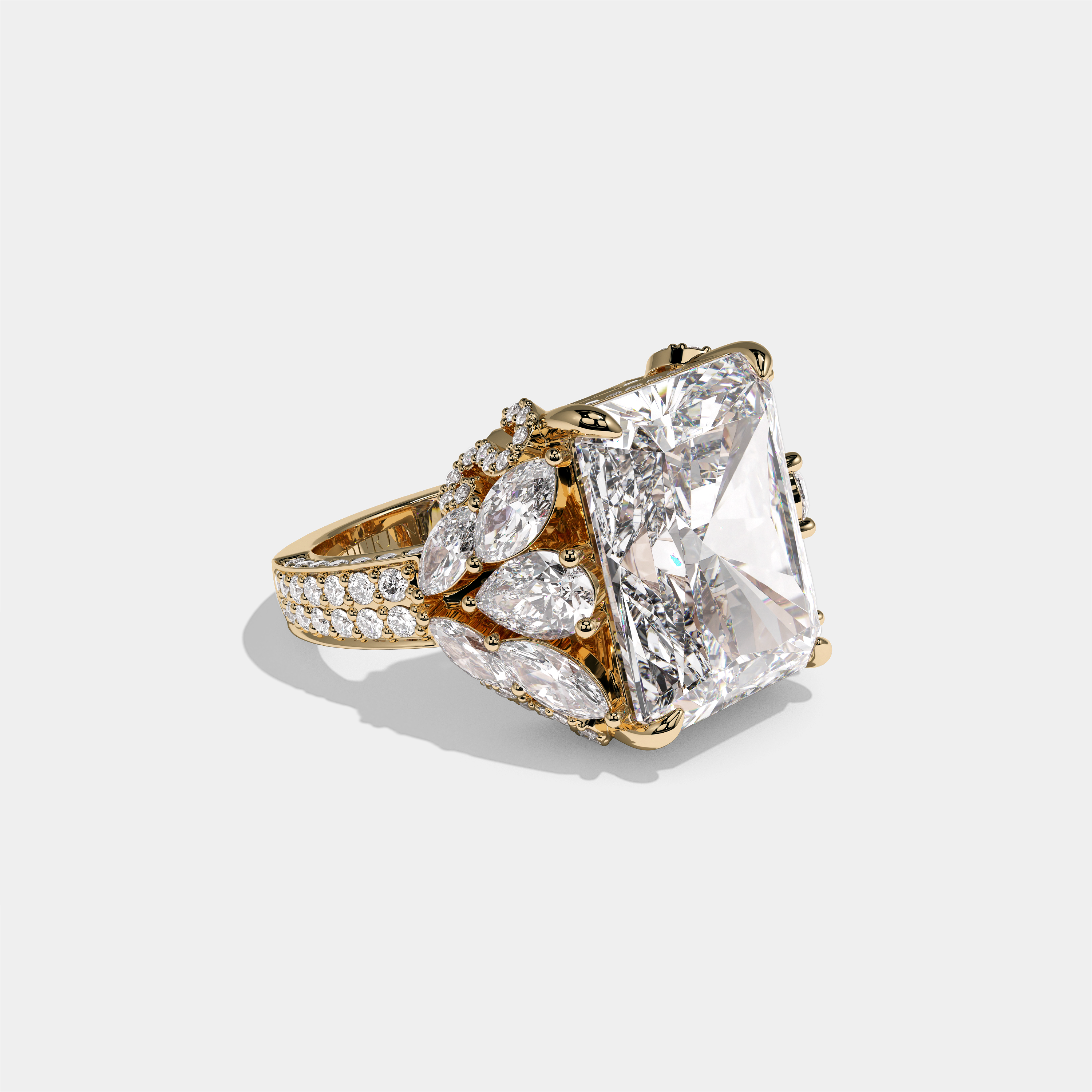 Keren Kingsleigh diamond radiant halo engagement ring in 18K yellow gold by Kurbãni Durjini, right view