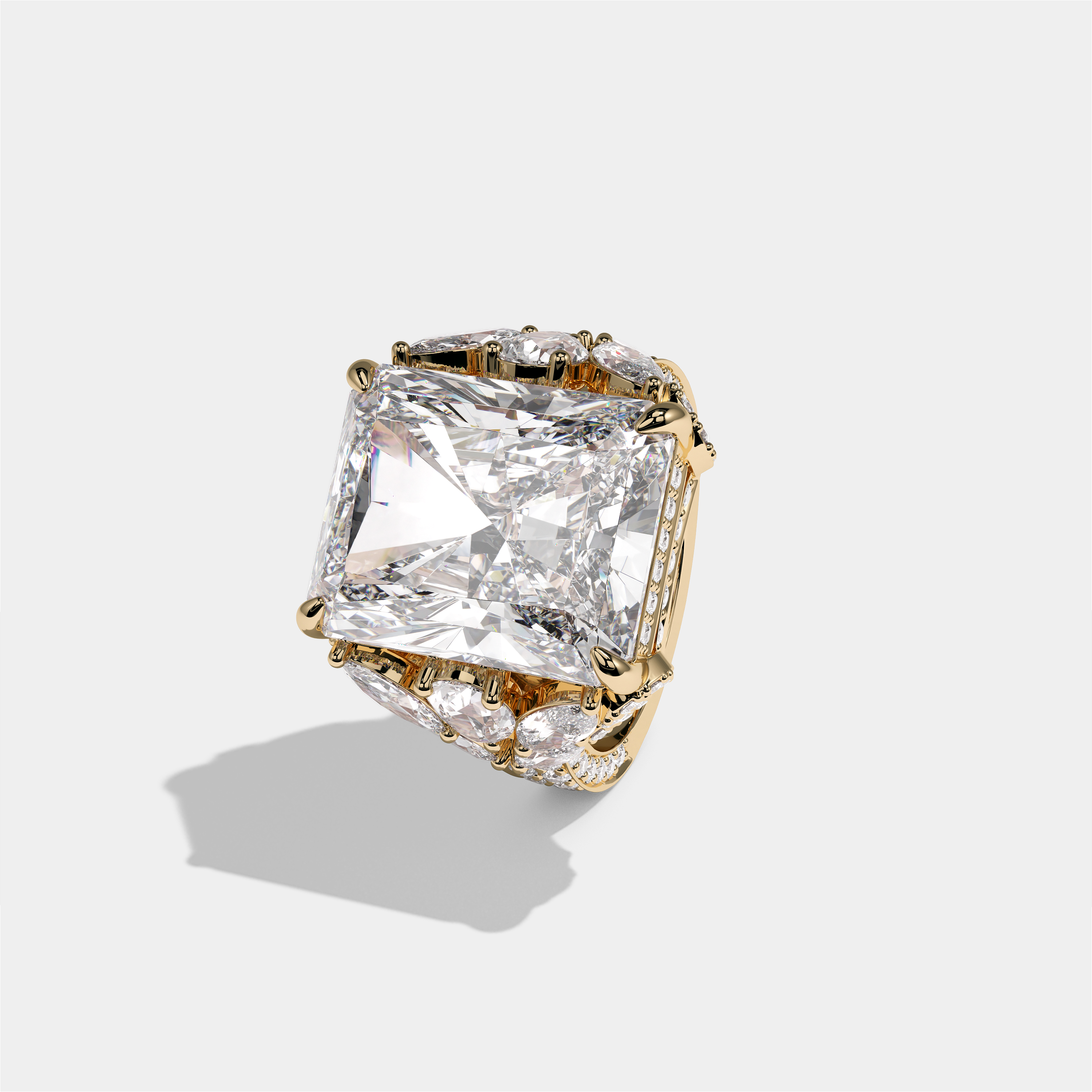 Keren Kingsleigh diamond radiant halo engagement ring in 18K yellow gold by Kurbãni Durjini, left view