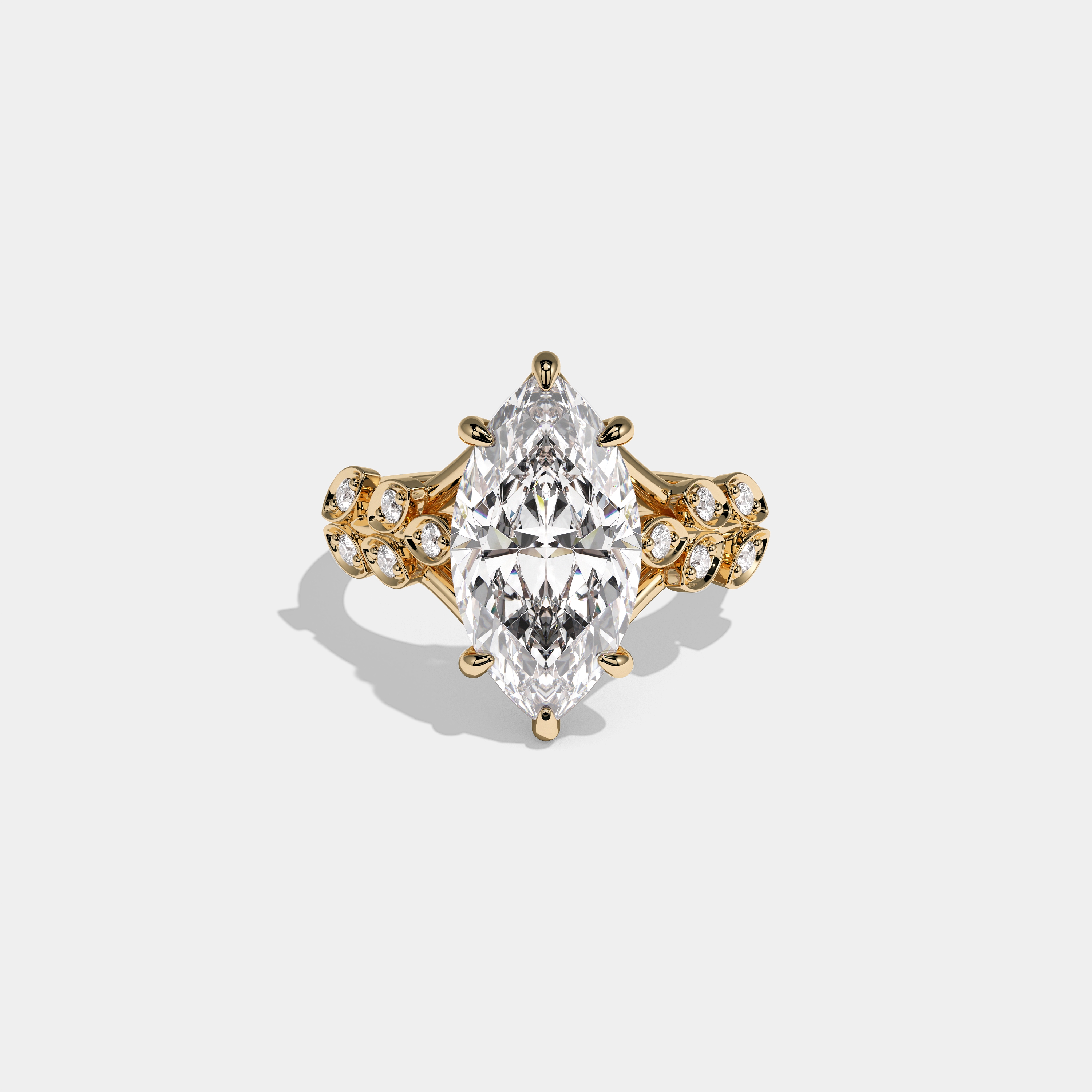 Aurisse Eclat Rosemoor diamond marquise halo engagement ring in 18K yellow gold by Kurbãni Durjini, front view