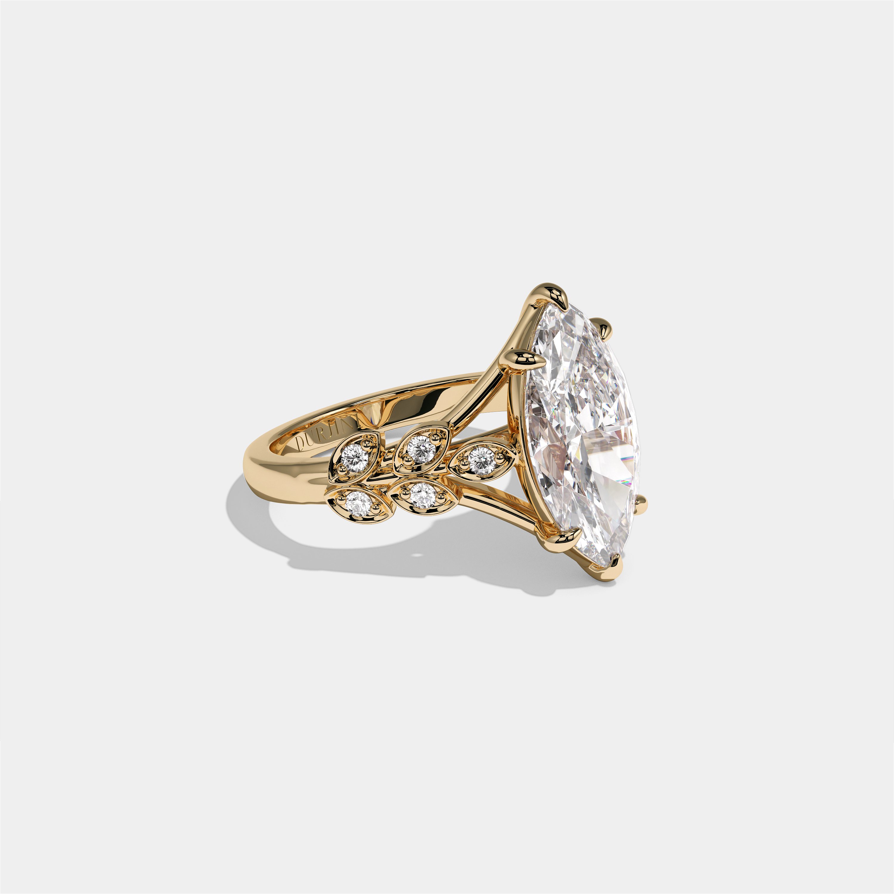 Aurisse Eclat Rosemoor diamond marquise halo engagement ring in 18K yellow gold by Kurbãni Durjini, right view