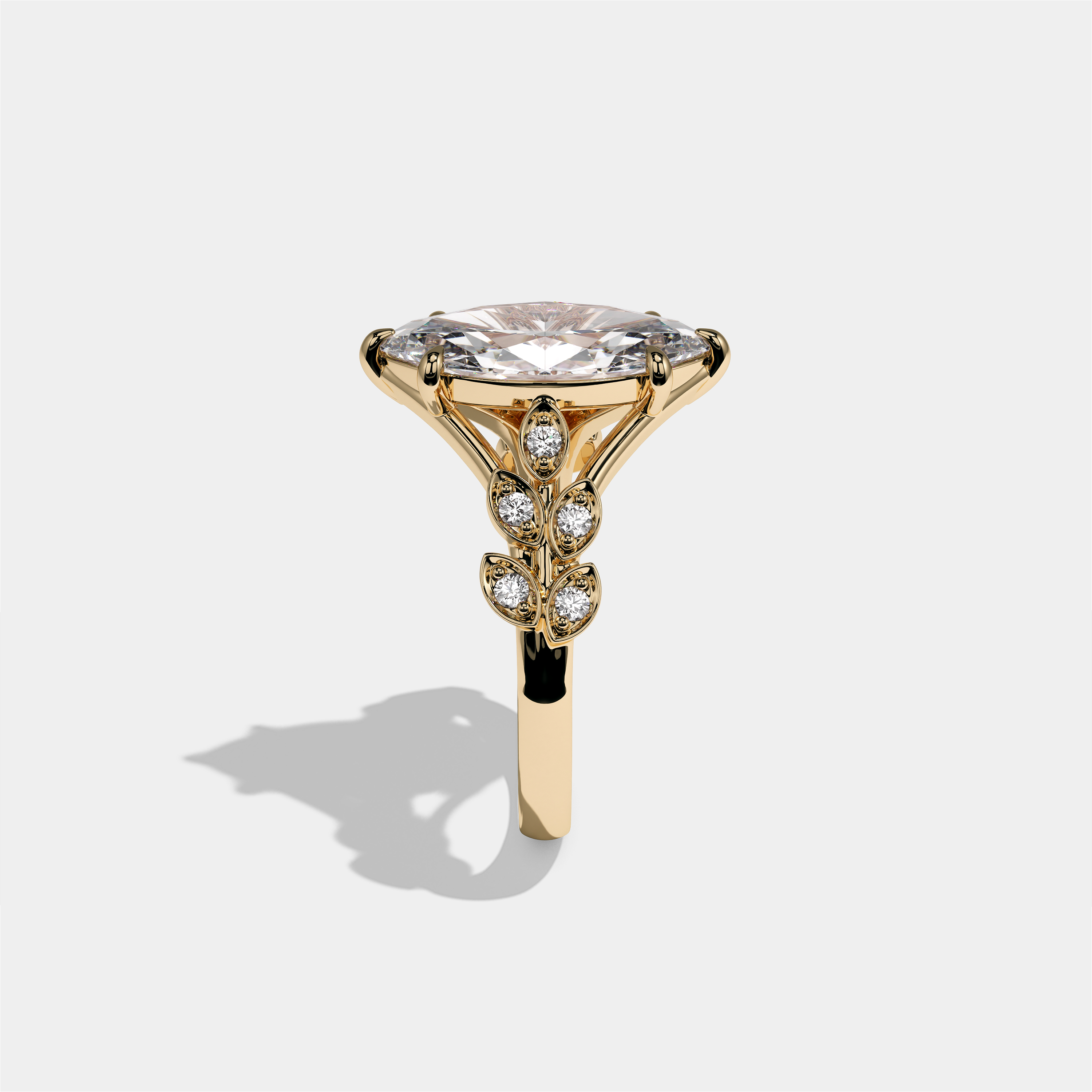 Aurisse Eclat Rosemoor diamond marquise halo engagement ring in 18K yellow gold by Kurbãni Durjini, side view