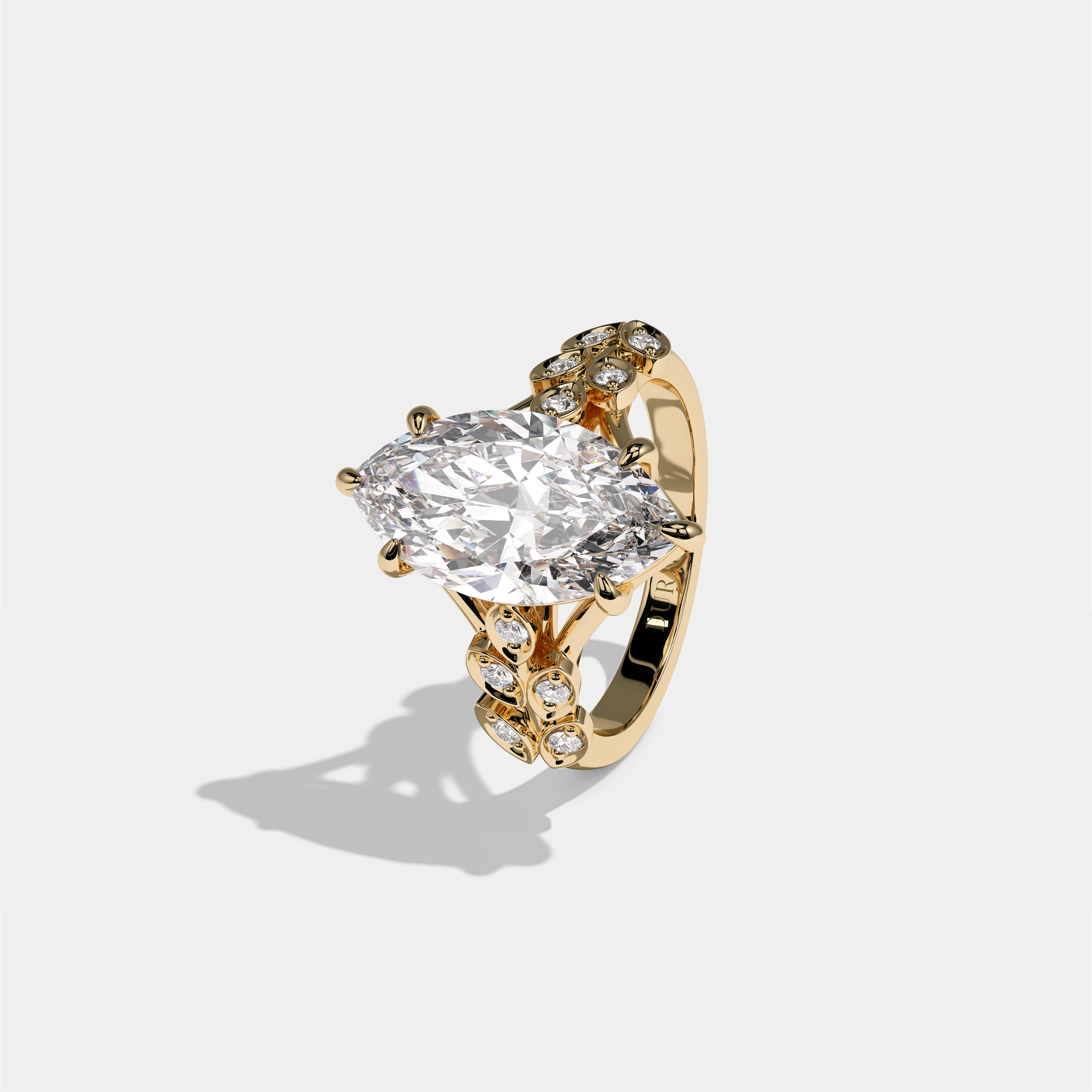Aurisse Eclat Rosemoor diamond marquise halo engagement ring in 18K yellow gold by Kurbãni Durjini, left view