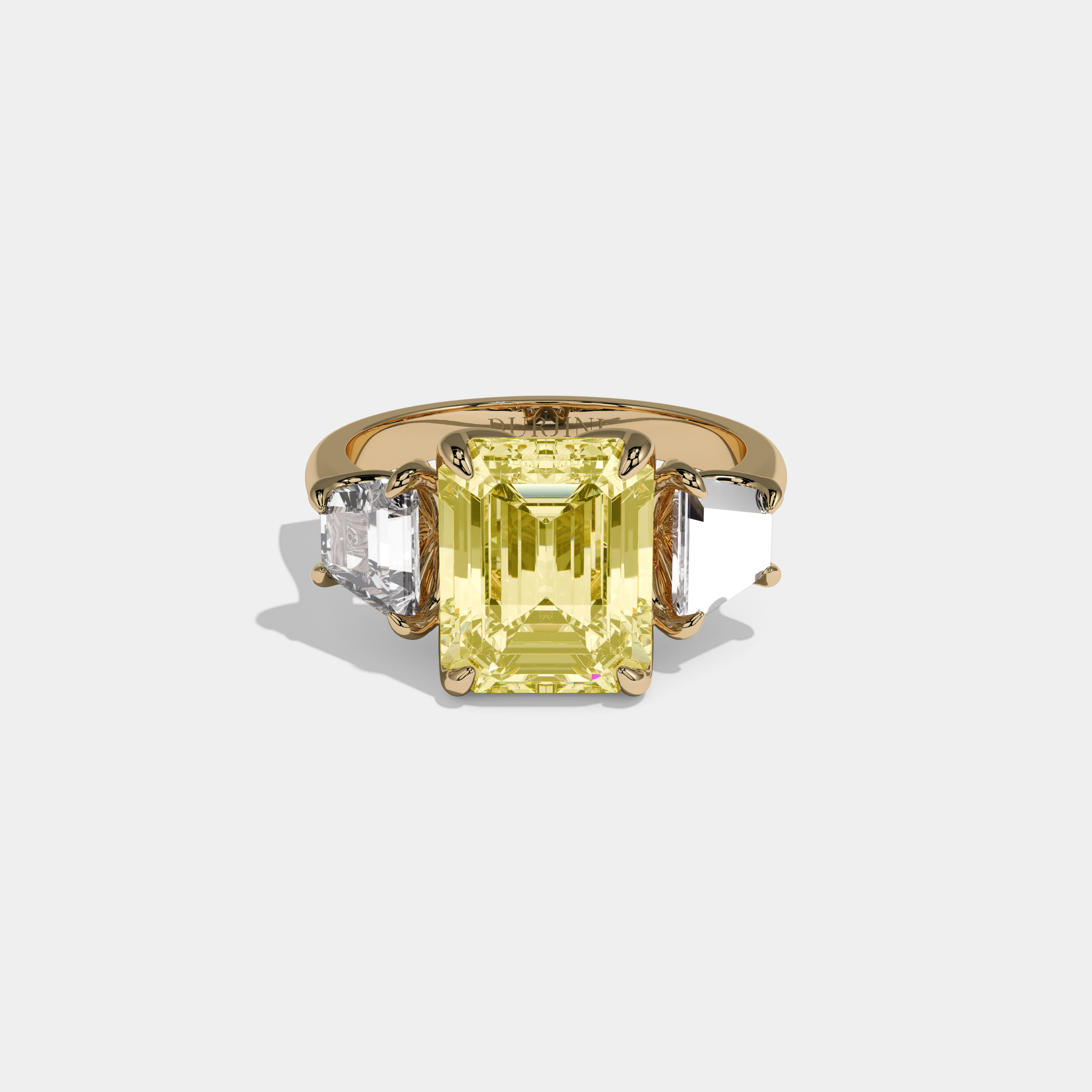 Alexandra Fancy Yellow Emerald Cut Diamond Halo Plain Band With Trapezoid Sides Engagement Ring 8ct 18K Yellow Gold