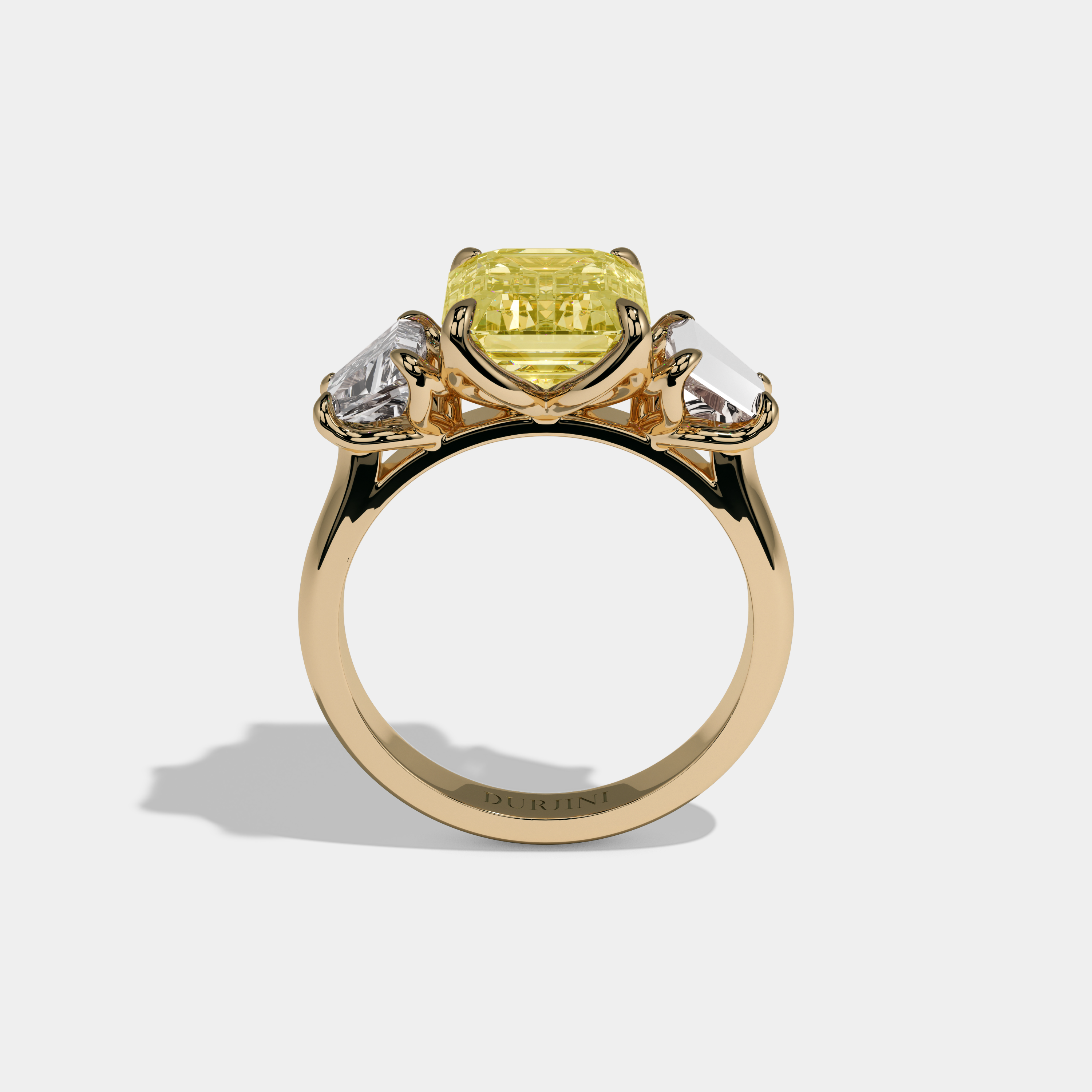 Alexandra Fancy Yellow Emerald Cut Diamond Halo Plain Band With Trapezoid Sides Engagement Ring 8ct 18K Yellow Gold