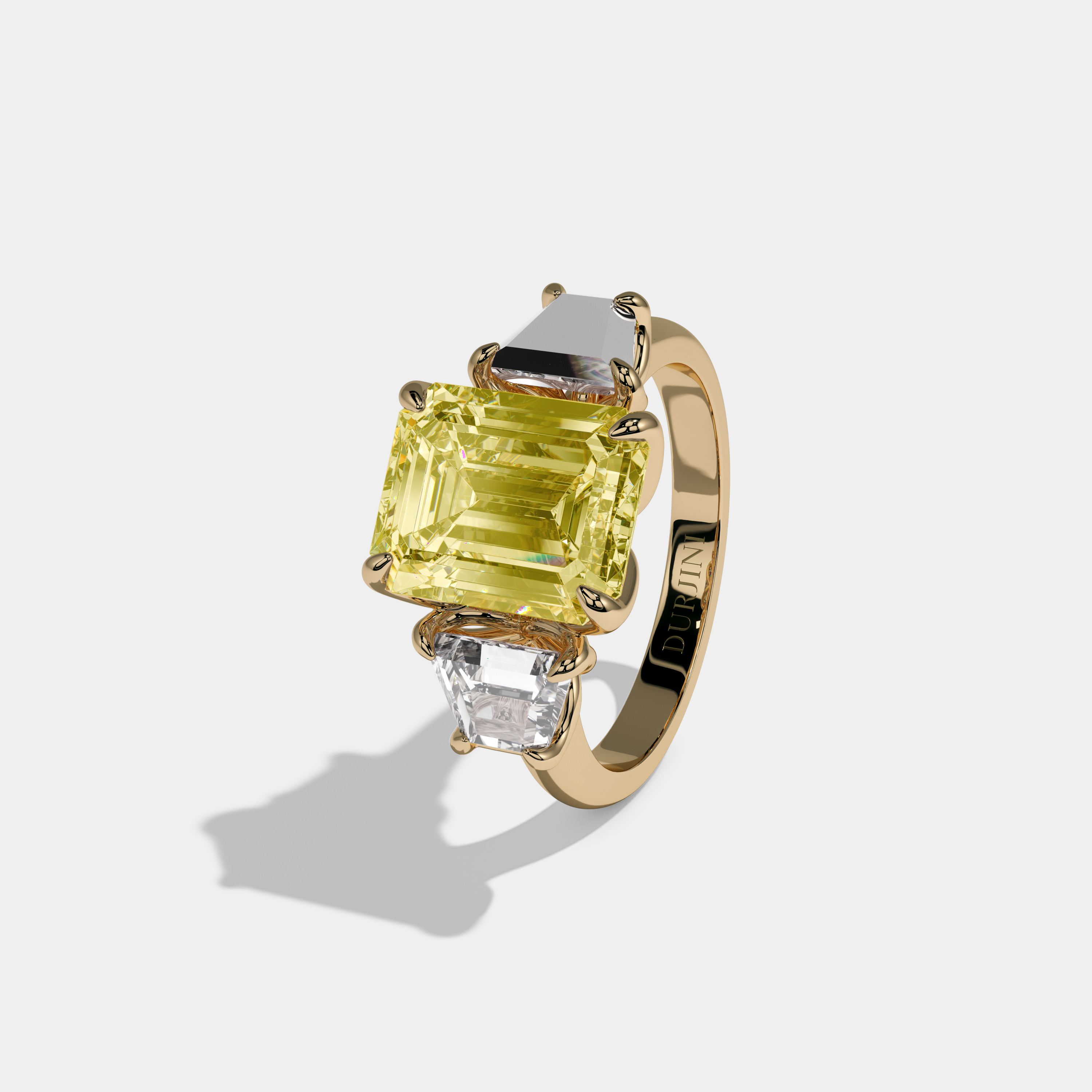 Alexandra Fancy Yellow Emerald Cut Diamond Halo Plain Band With Trapezoid Sides Engagement Ring 8ct 18K Yellow Gold