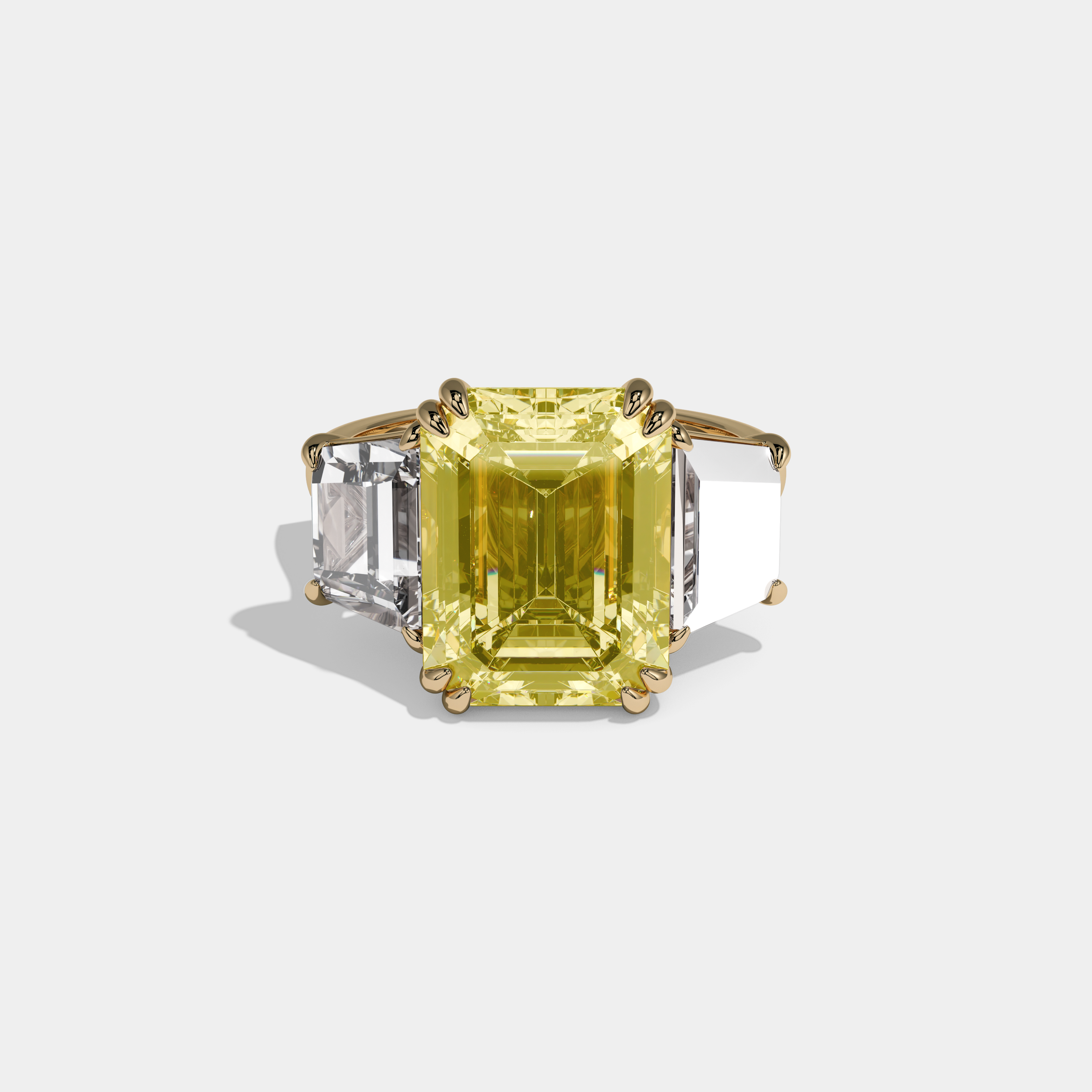 Victoria Fancy Yellow Emerald Cut Diamond Halo Plain Band With Twin Stepcut Sides Engagement Ring 8ct 18K Yellow Gold