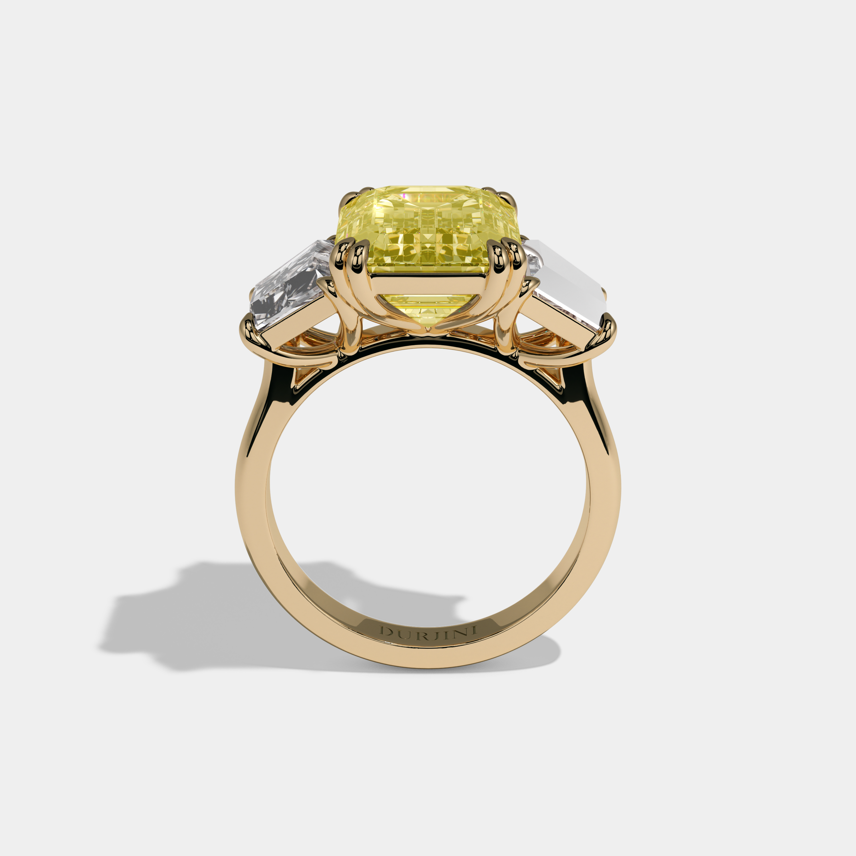 Victoria Fancy Yellow Emerald Cut Diamond Halo Plain Band With Twin Stepcut Sides Engagement Ring 8ct 18K Yellow Gold