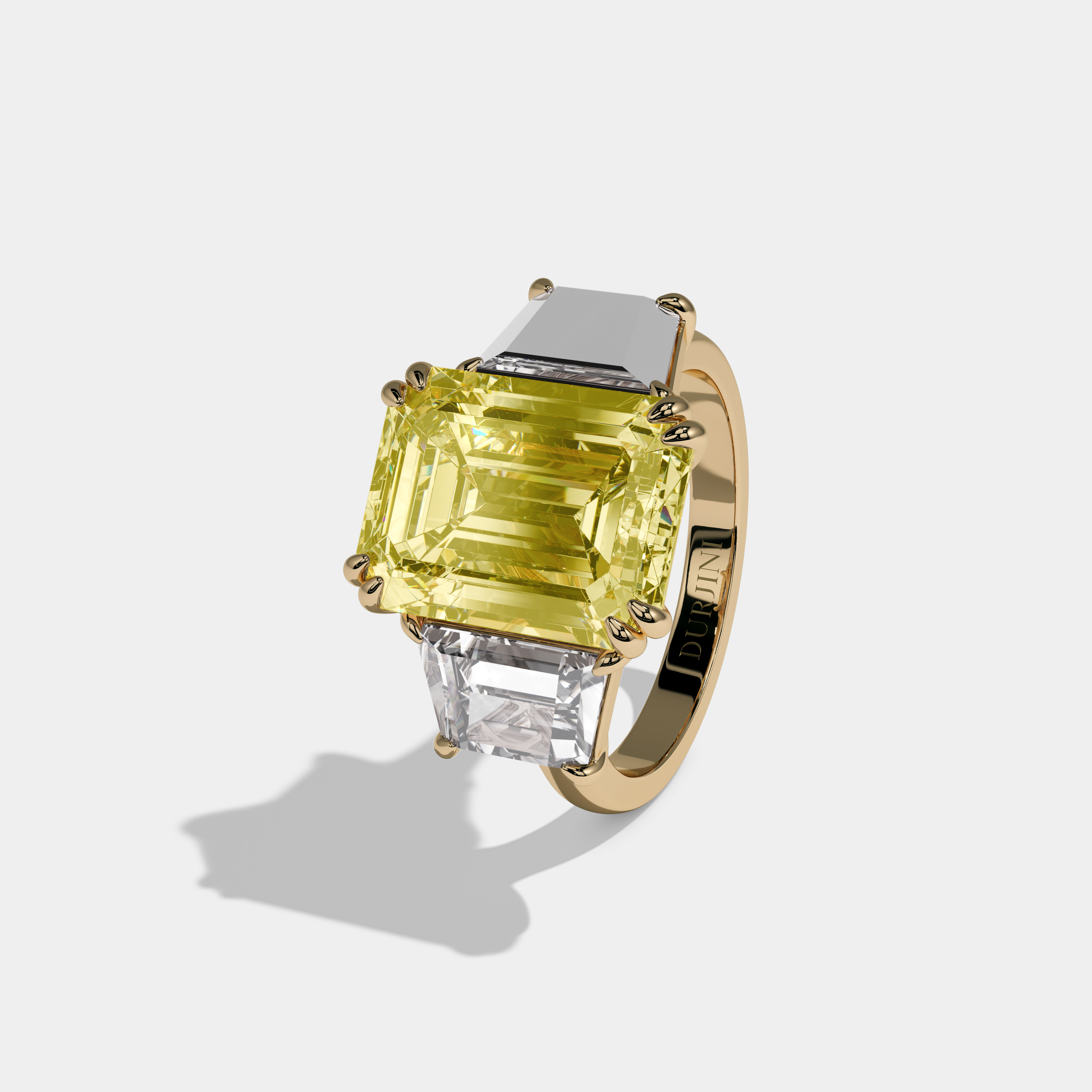 Victoria Fancy Yellow Emerald Cut Diamond Halo Plain Band With Twin Stepcut Sides Engagement Ring 8ct 18K Yellow Gold