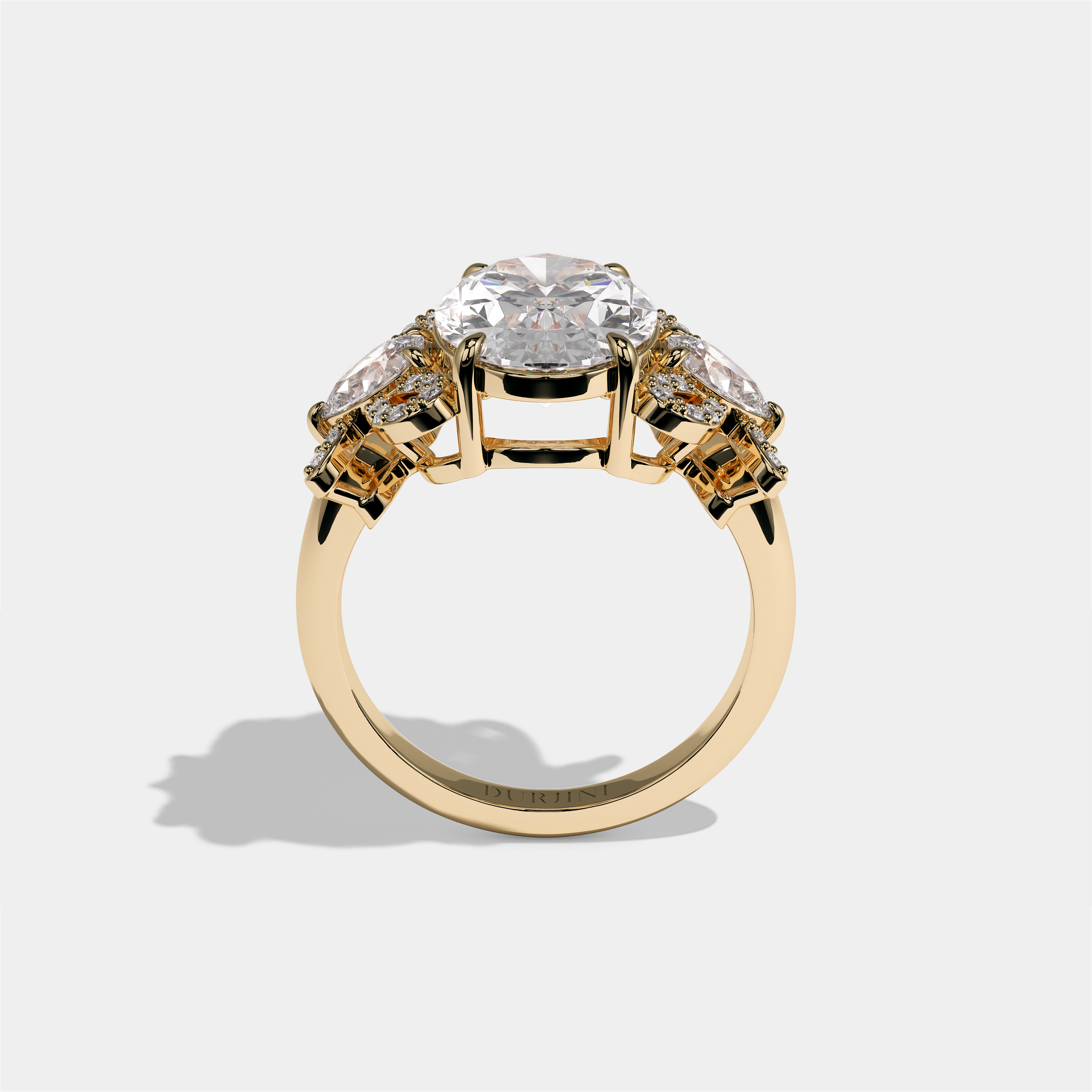 Malkah Rosewood diamond oval halo engagement ring in 18K yellow gold by Kurbãni Durjini, full view