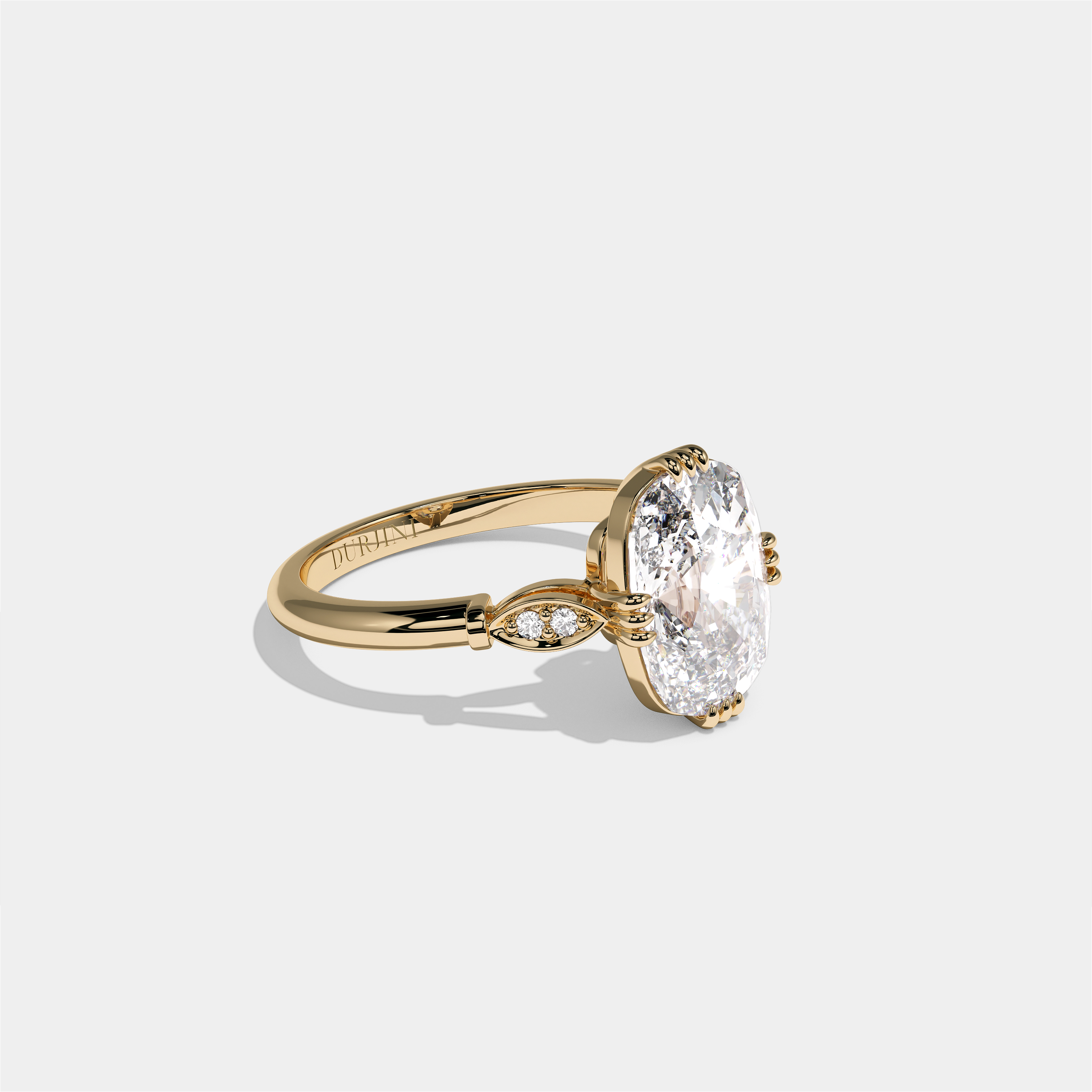 Ayala Kingsmere diamond cushion halo engagement ring in 18K yellow gold by Kurbãni Durjini, right view