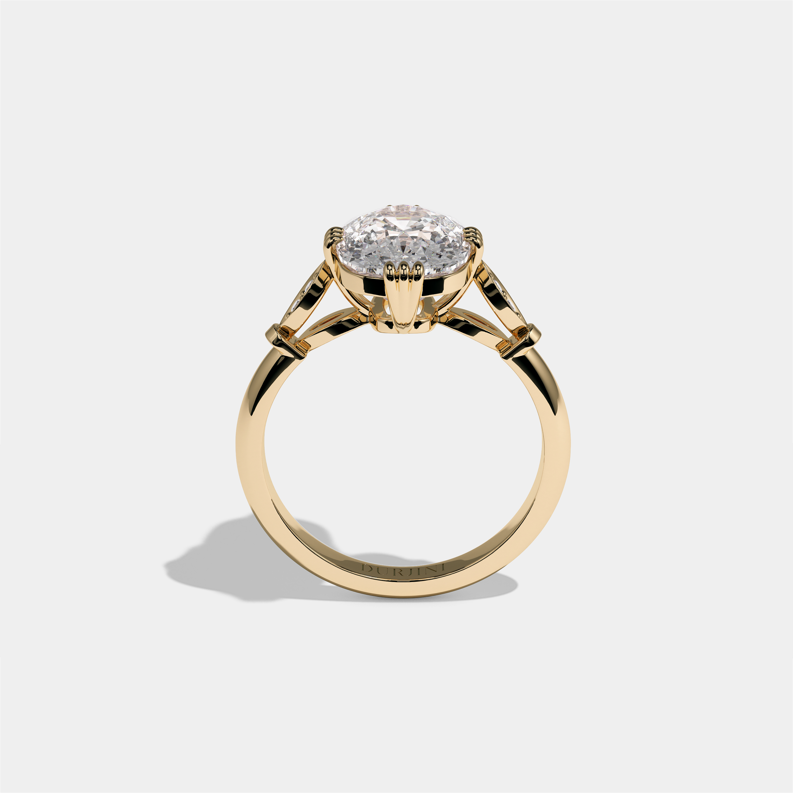 Ayala Kingsmere diamond cushion halo engagement ring in 18K yellow gold by Kurbãni Durjini, full view