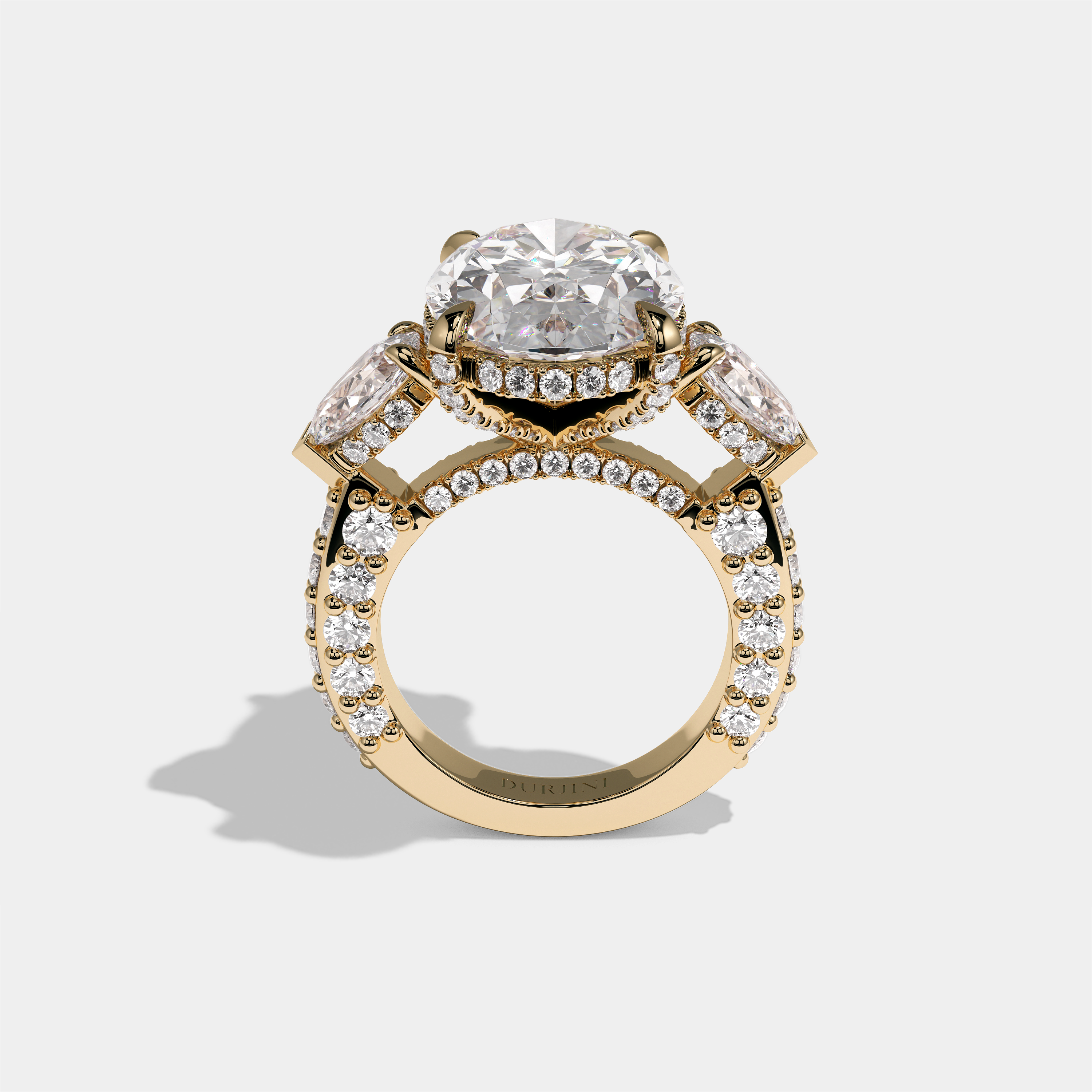 Shira Ravenscourt diamond oval halo engagement ring in 18K yellow gold by Kurbãni Durjini, full view
