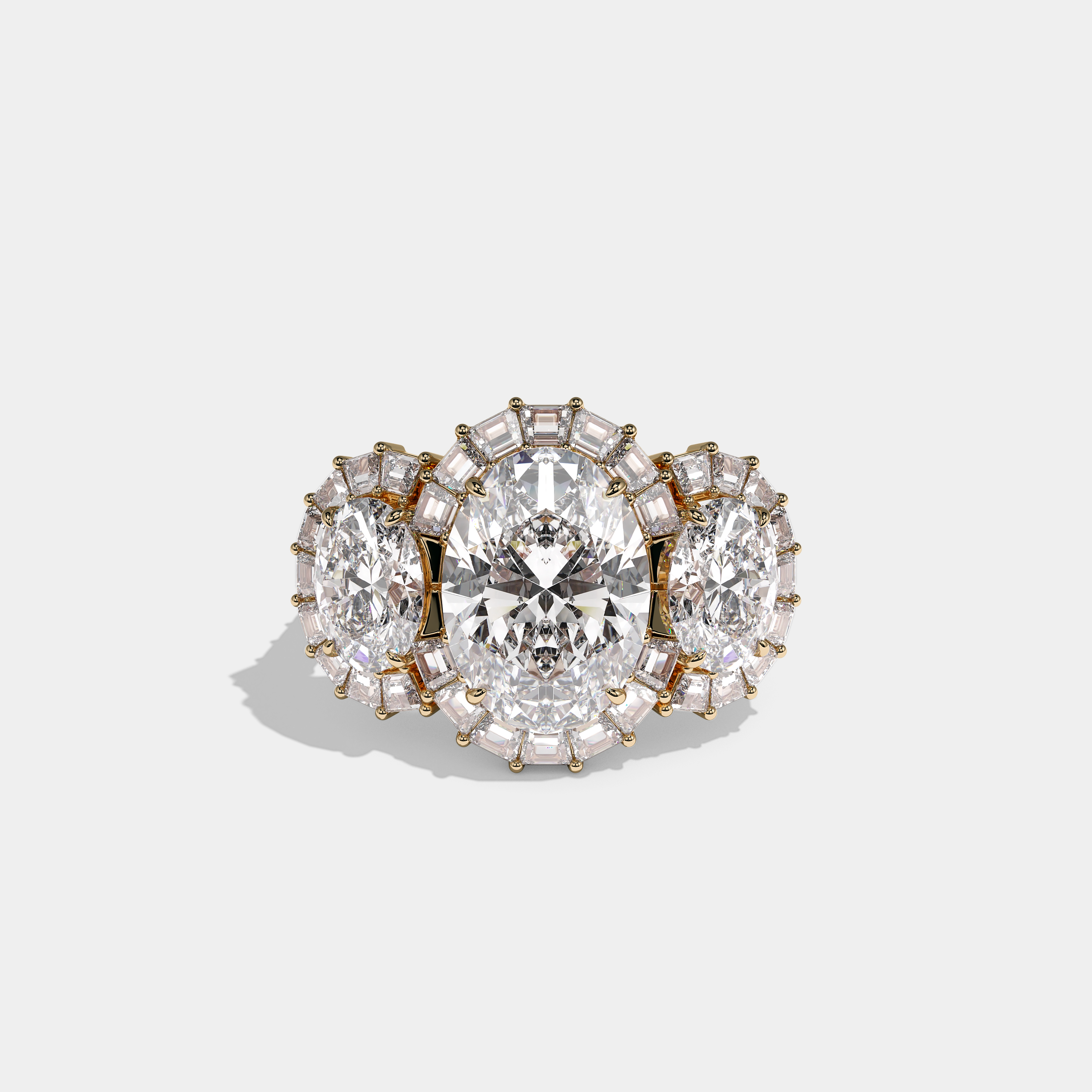 Shira Ravenscourt diamond oval halo engagement ring in 18K yellow gold by Kurbãni Durjini, front view