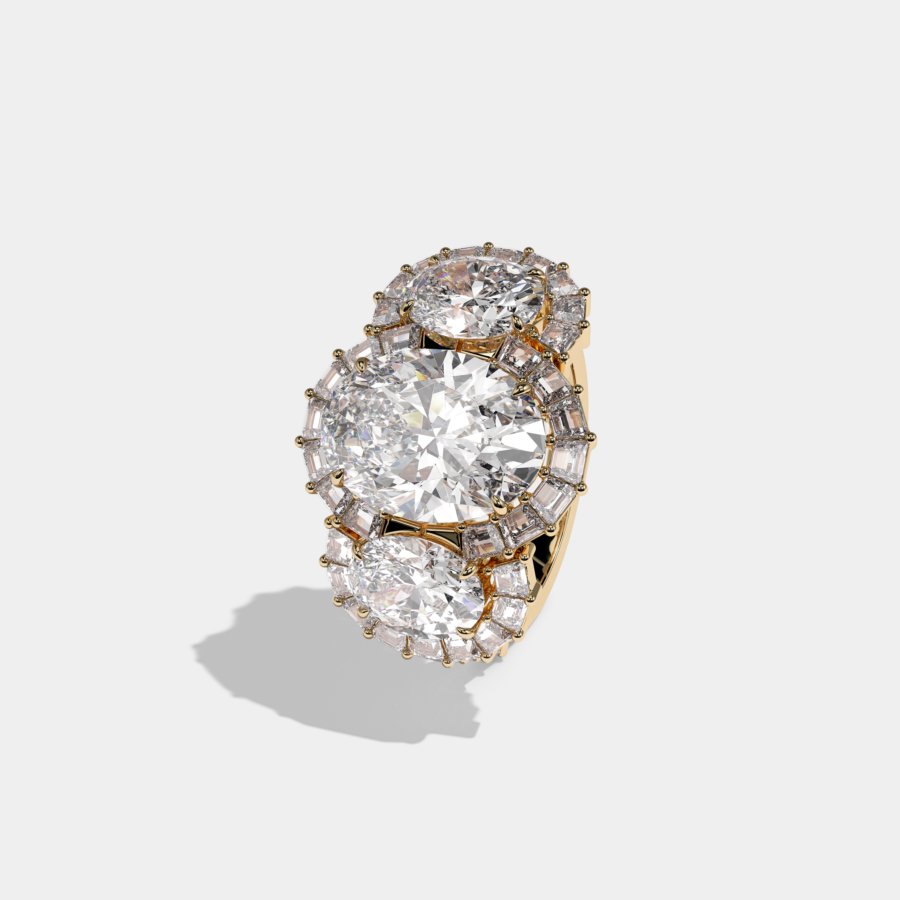 Shira Ravenscourt diamond oval halo engagement ring in 18K yellow gold by Kurbãni Durjini, left view