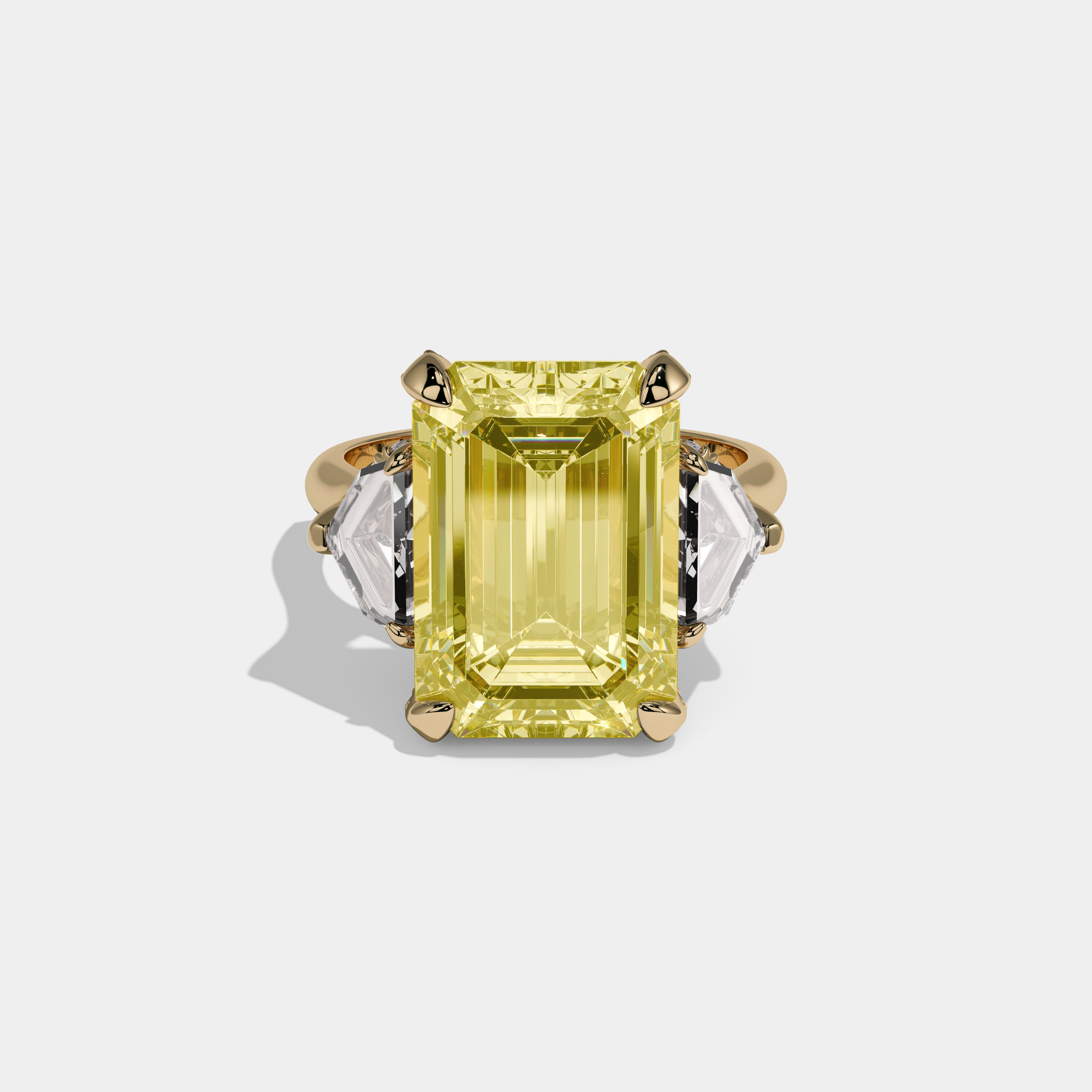 Camilla Fancy Yellow Emerald Cut Diamond Band With Twin Pentagonal Cut Sides Engagement Ring 10ct 18K Yellow Gold