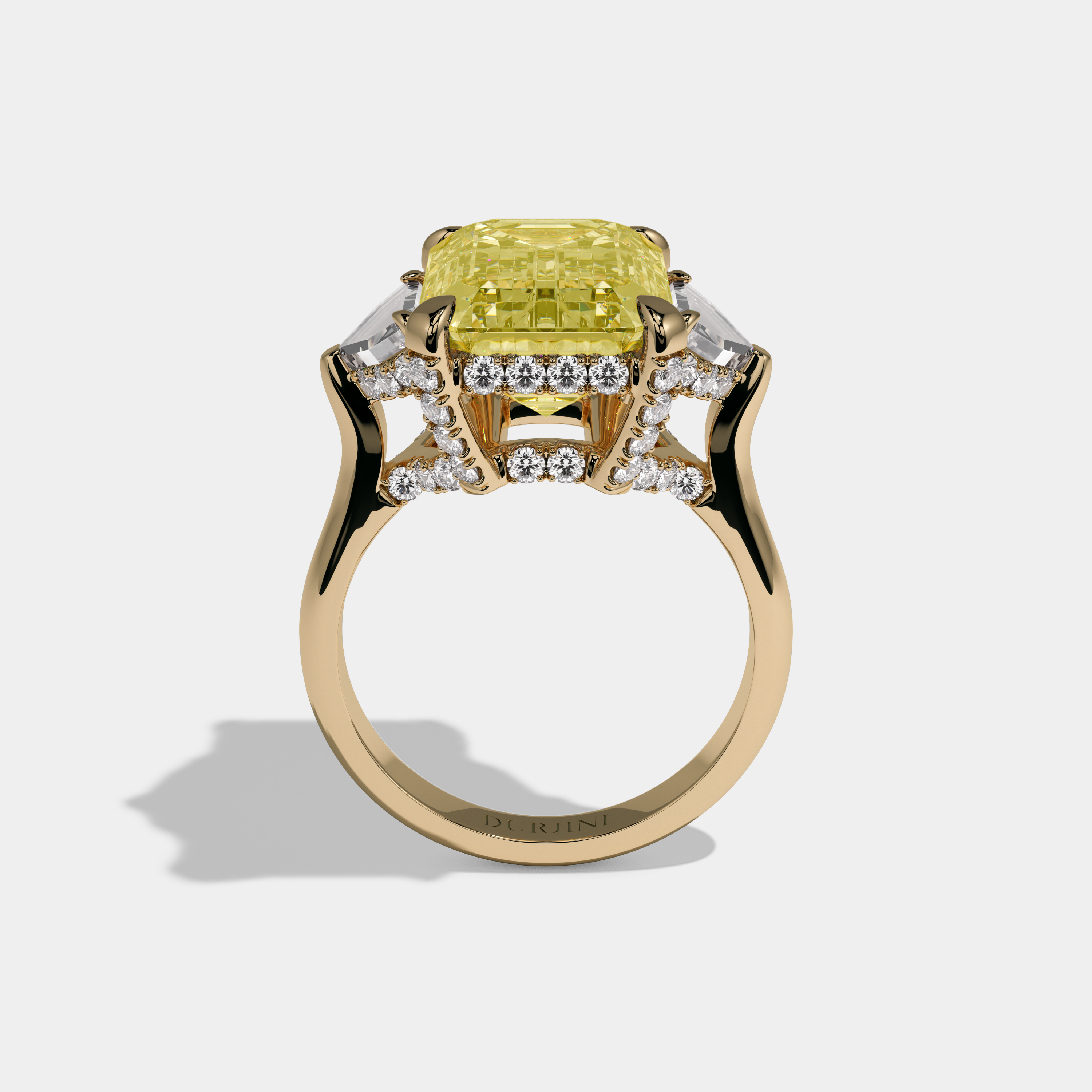 Camilla Fancy Yellow Emerald Cut Diamond Band With Twin Pentagonal Cut Sides Engagement Ring 10ct 18K Yellow Gold