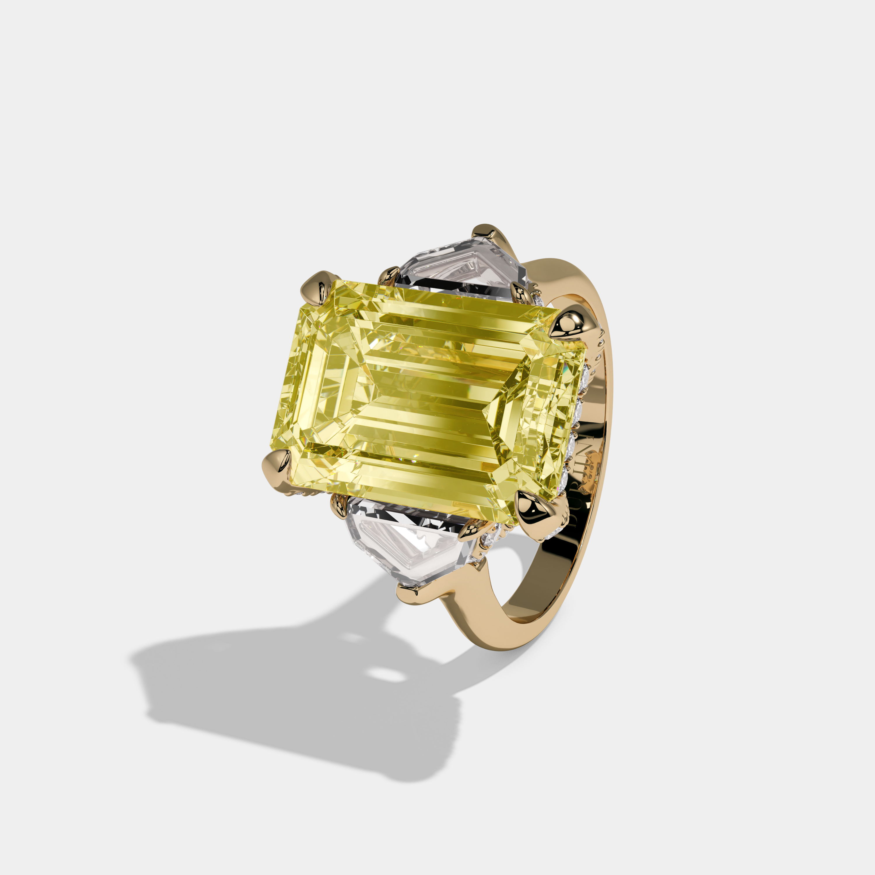 Camilla Fancy Yellow Emerald Cut Diamond Band With Twin Pentagonal Cut Sides Engagement Ring 10ct 18K Yellow Gold