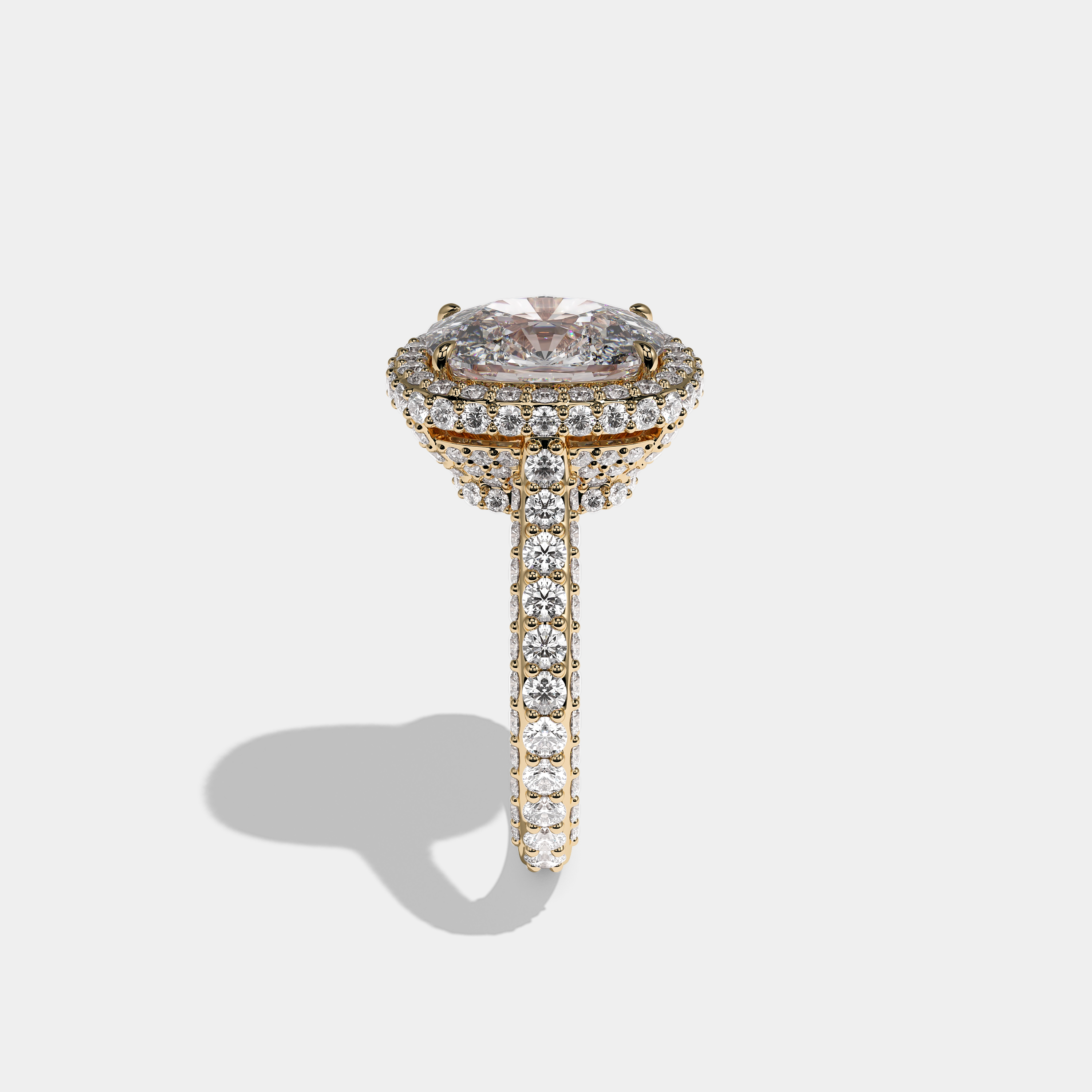 Shira Ravenscourt diamond cushion halo engagement ring in 18K yellow gold by Kurbãni Durjini, side view