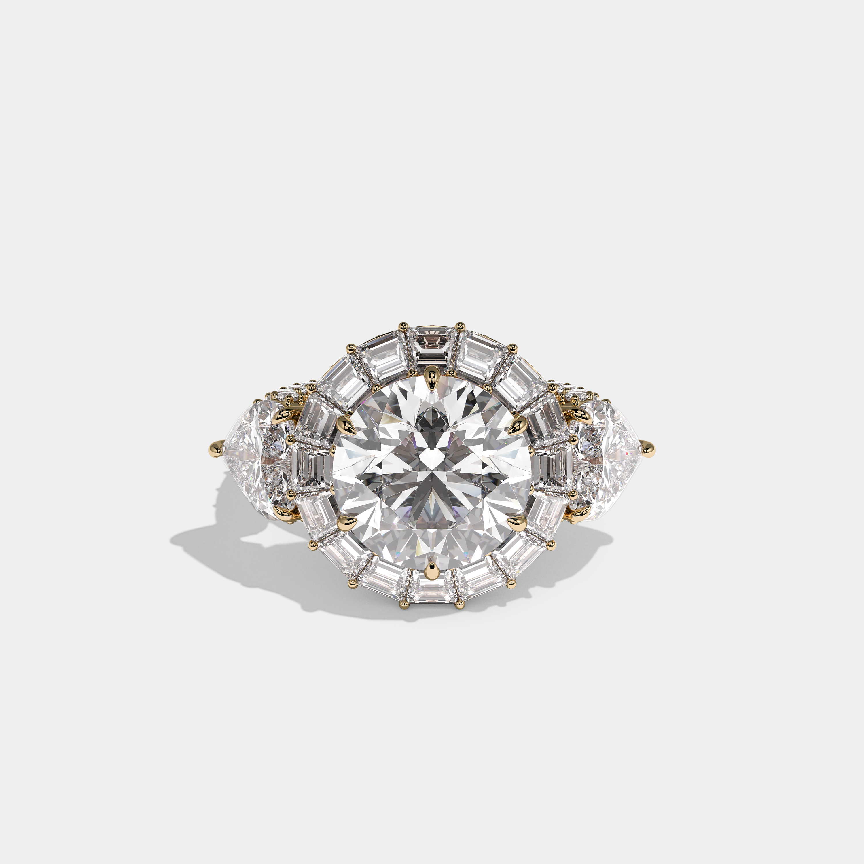 Shira Ravenscourt 15.00ct diamond round brilliant halo engagement ring in 18K yellow gold by Kurbãni Durjini, front view