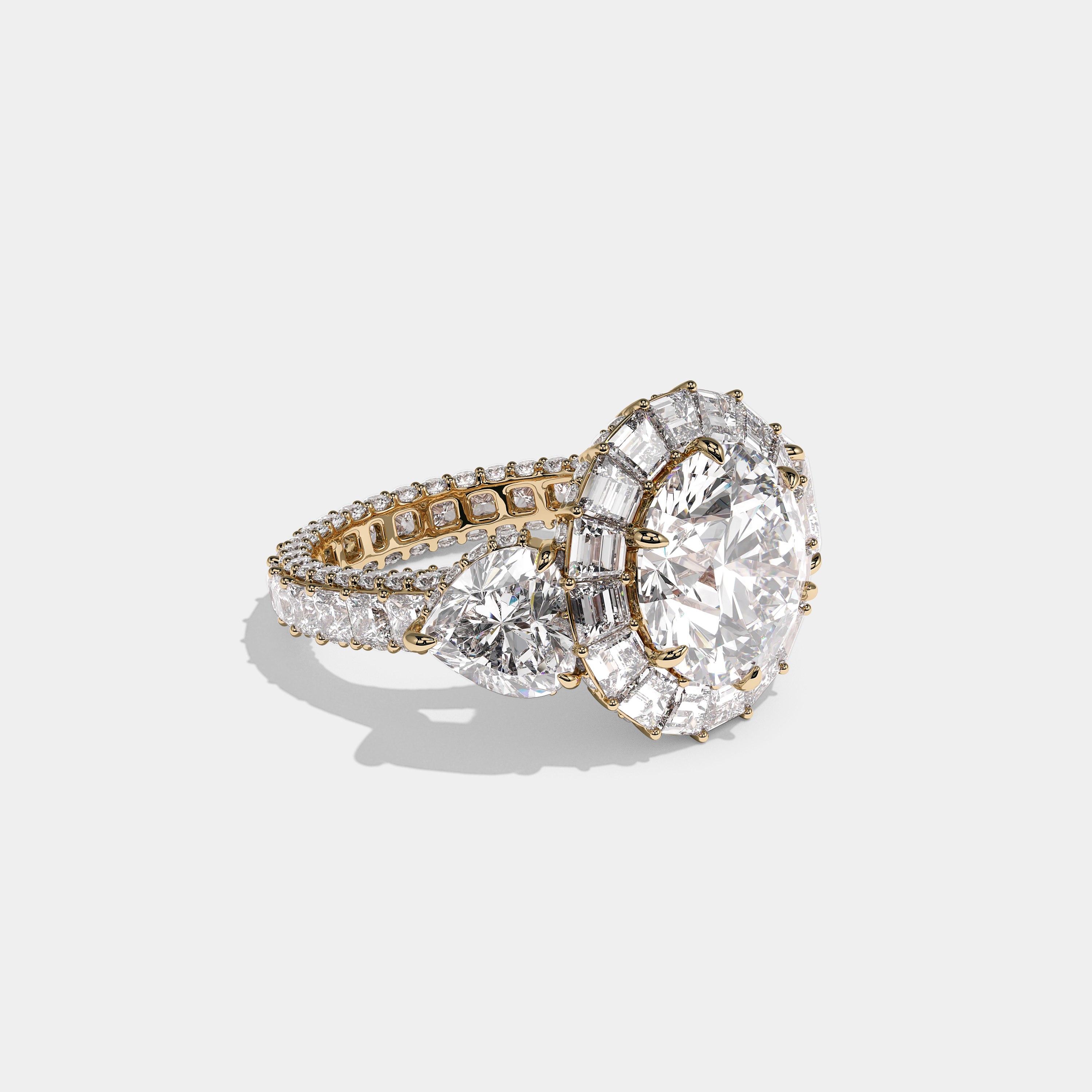 Shira Ravenscourt 15.00ct diamond round brilliant halo engagement ring in 18K yellow gold by Kurbãni Durjini, right view