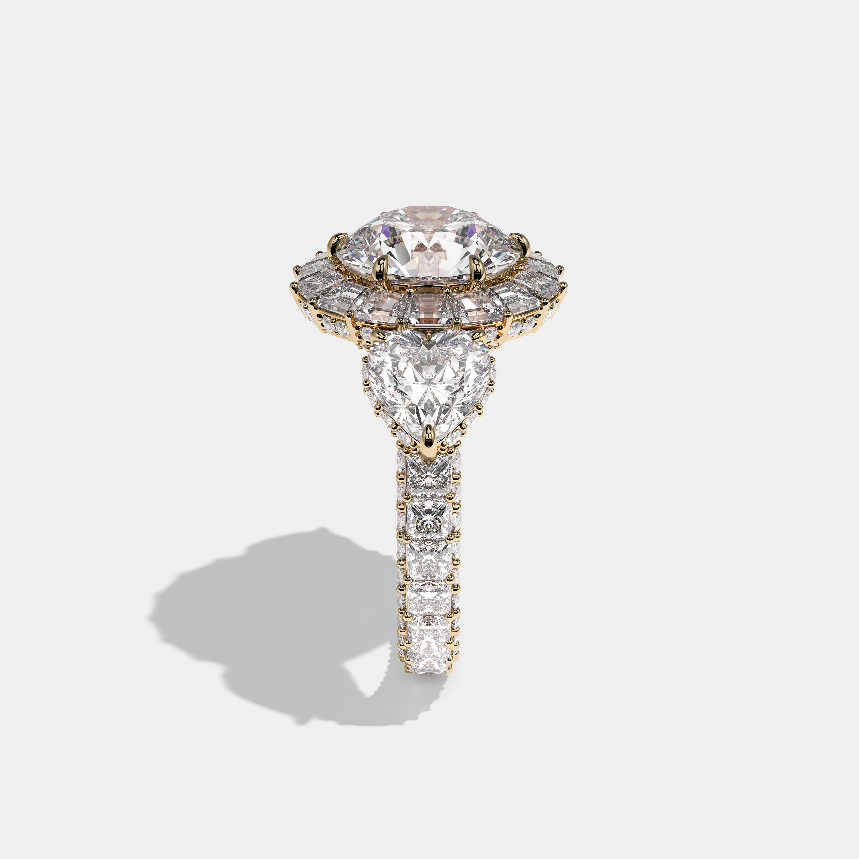 Shira Ravenscourt 15.00ct diamond round brilliant halo engagement ring in 18K yellow gold by Kurbãni Durjini, side view