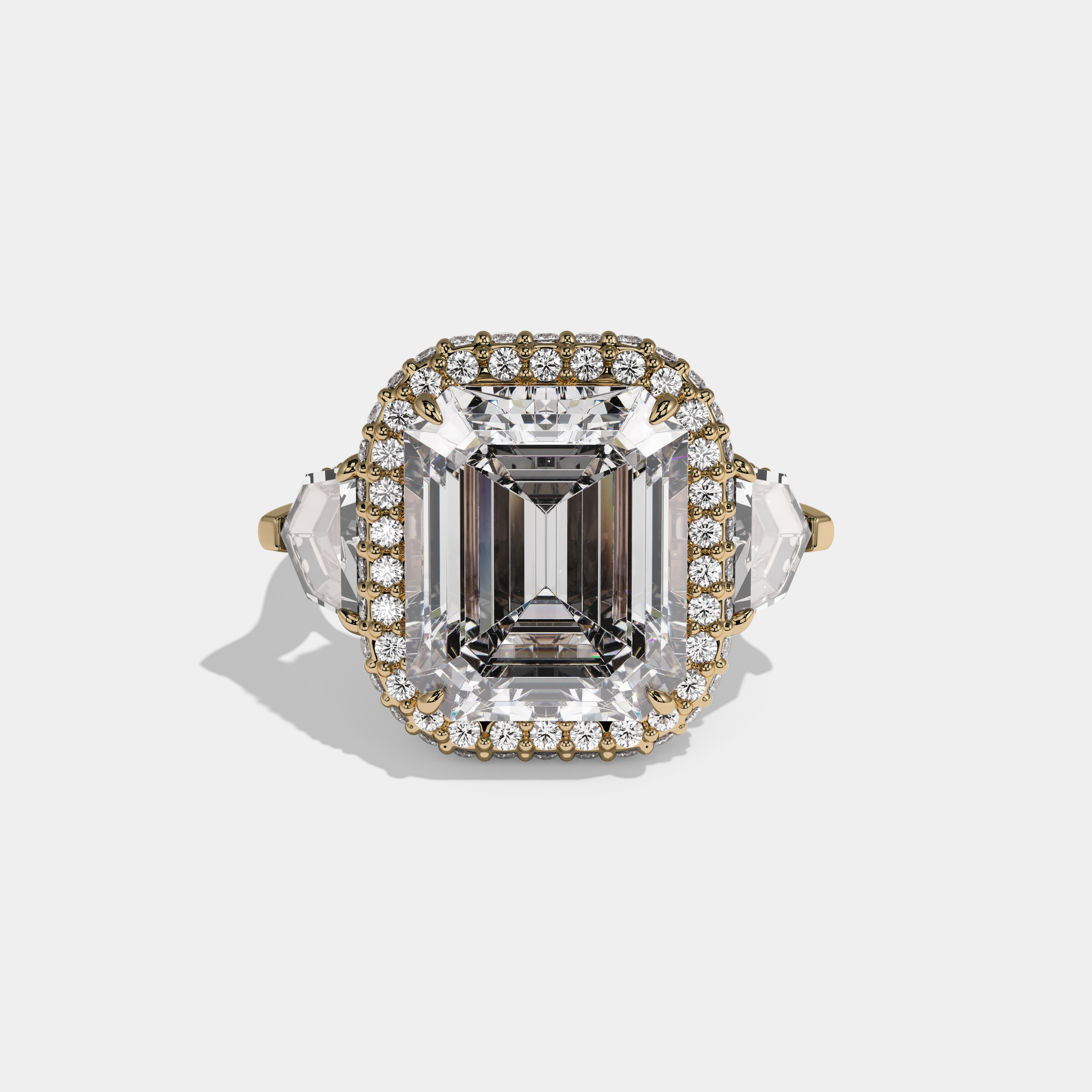 Louisa Emerald Cut Diamond Twin Halo With Pentagonal Side Diamond Band Engagement Ring 10ct 18K Yellow Gold
