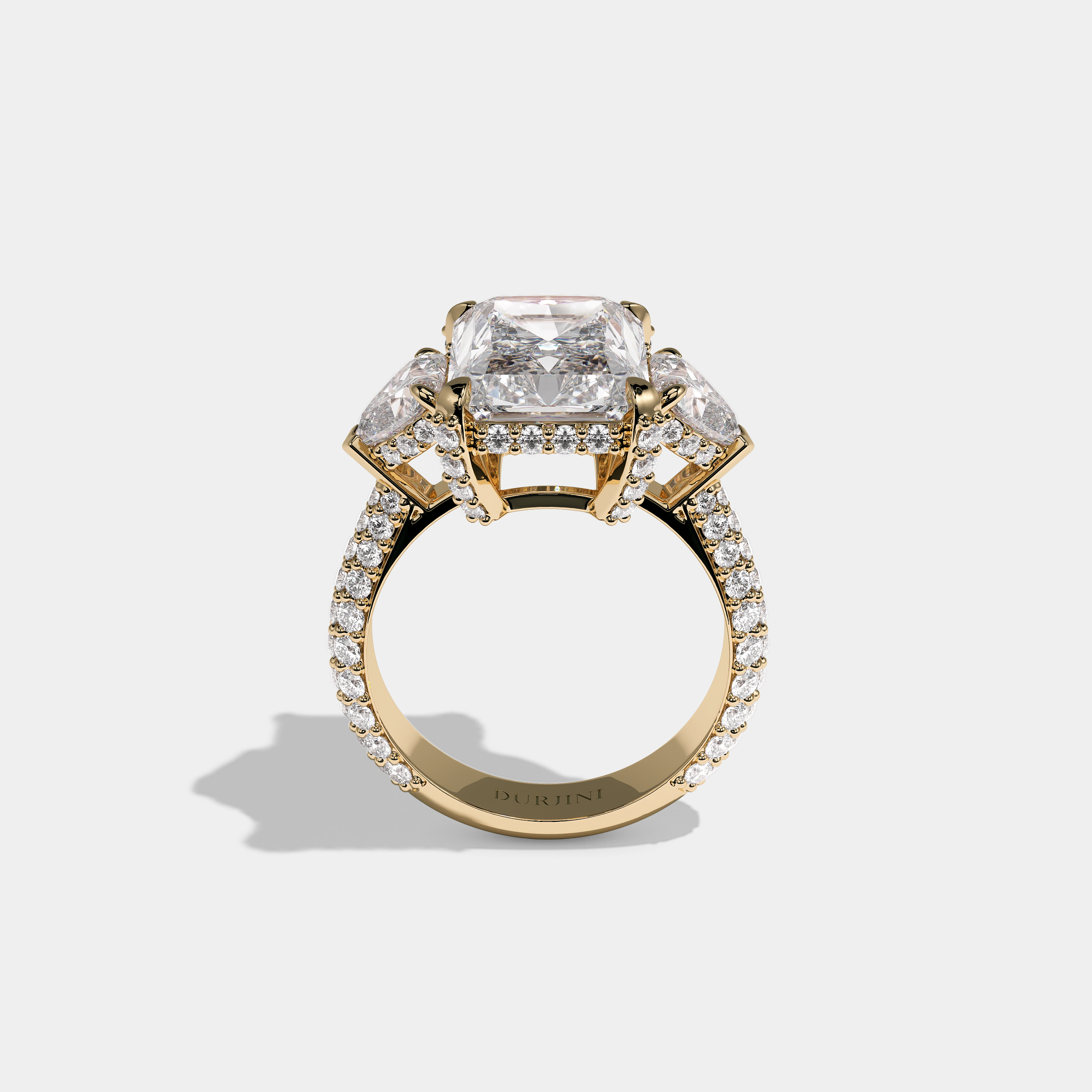 Luna Ashford 12.00ct diamond radiant halo engagement ring in 18K yellow gold by Kurbãni Durjini, full view