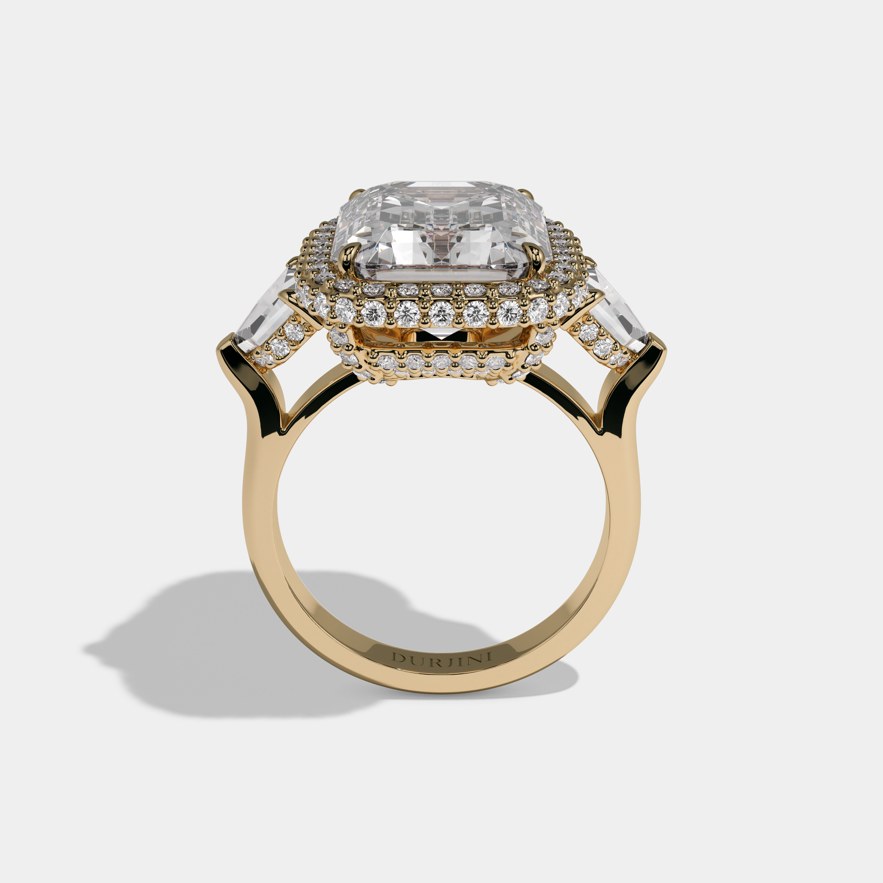 Louisa Emerald Cut Diamond Twin Halo With Pentagonal Side Diamond Band Engagement Ring 10ct 18K Yellow Gold