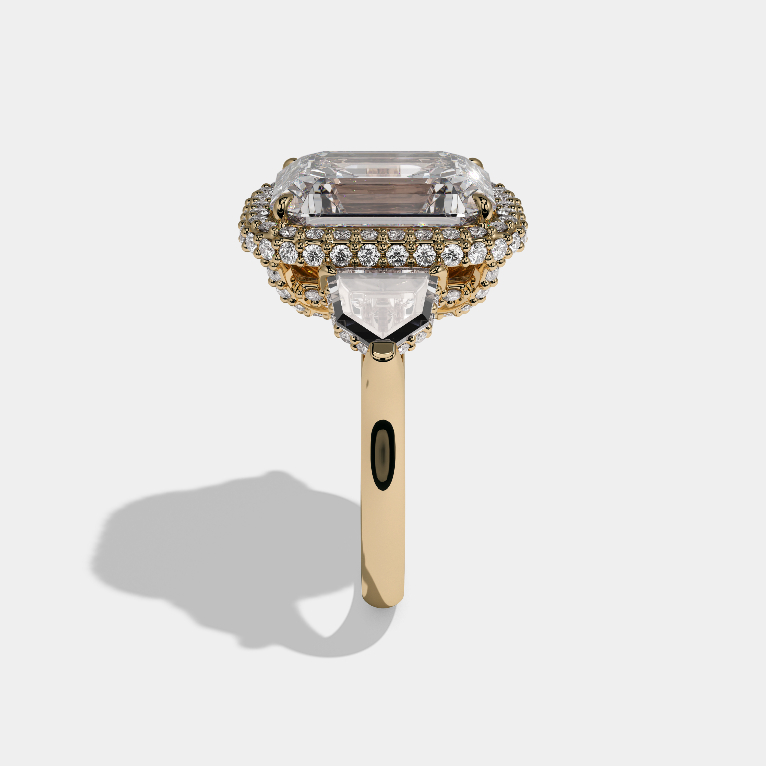 Louisa Emerald Cut Diamond Twin Halo With Pentagonal Side Diamond Band Engagement Ring 10ct 18K Yellow Gold