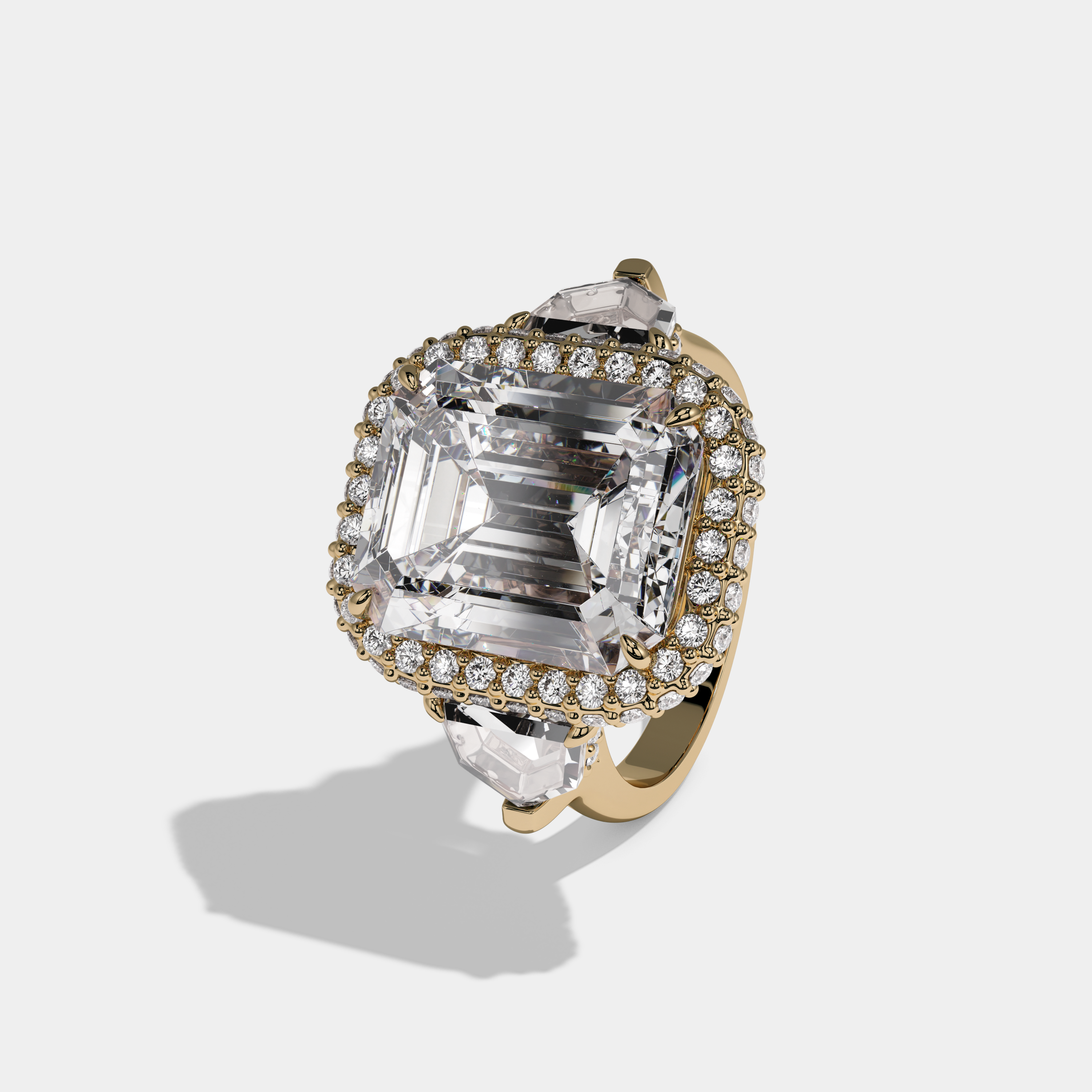 Louisa Emerald Cut Diamond Twin Halo With Pentagonal Side Diamond Band Engagement Ring 10ct 18K Yellow Gold