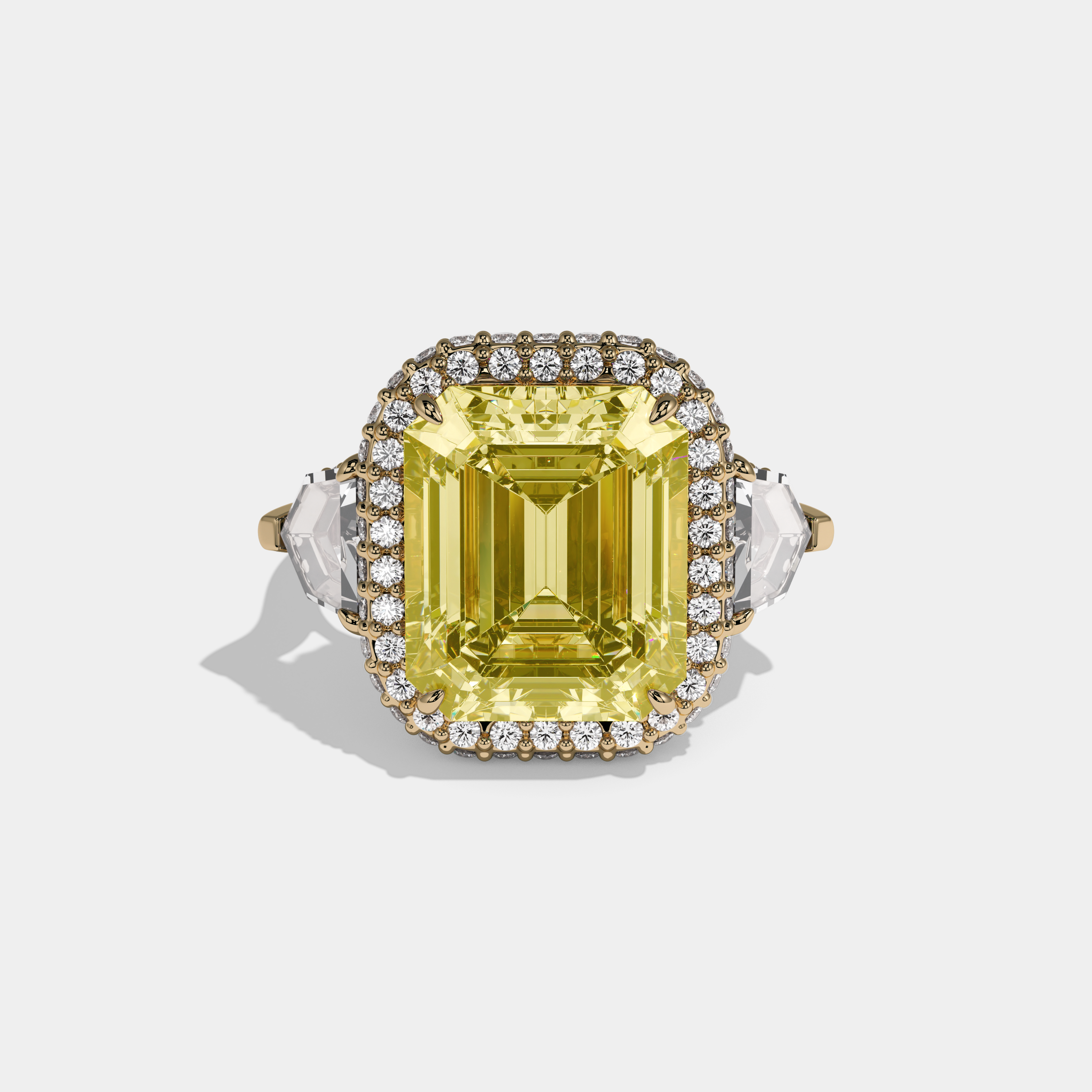 Arabella Fancy Yellow Emerald Cut Diamond Twin Halo With Pentagonal Side Diamond Band Engagement Ring 10ct 18K Yellow Gold