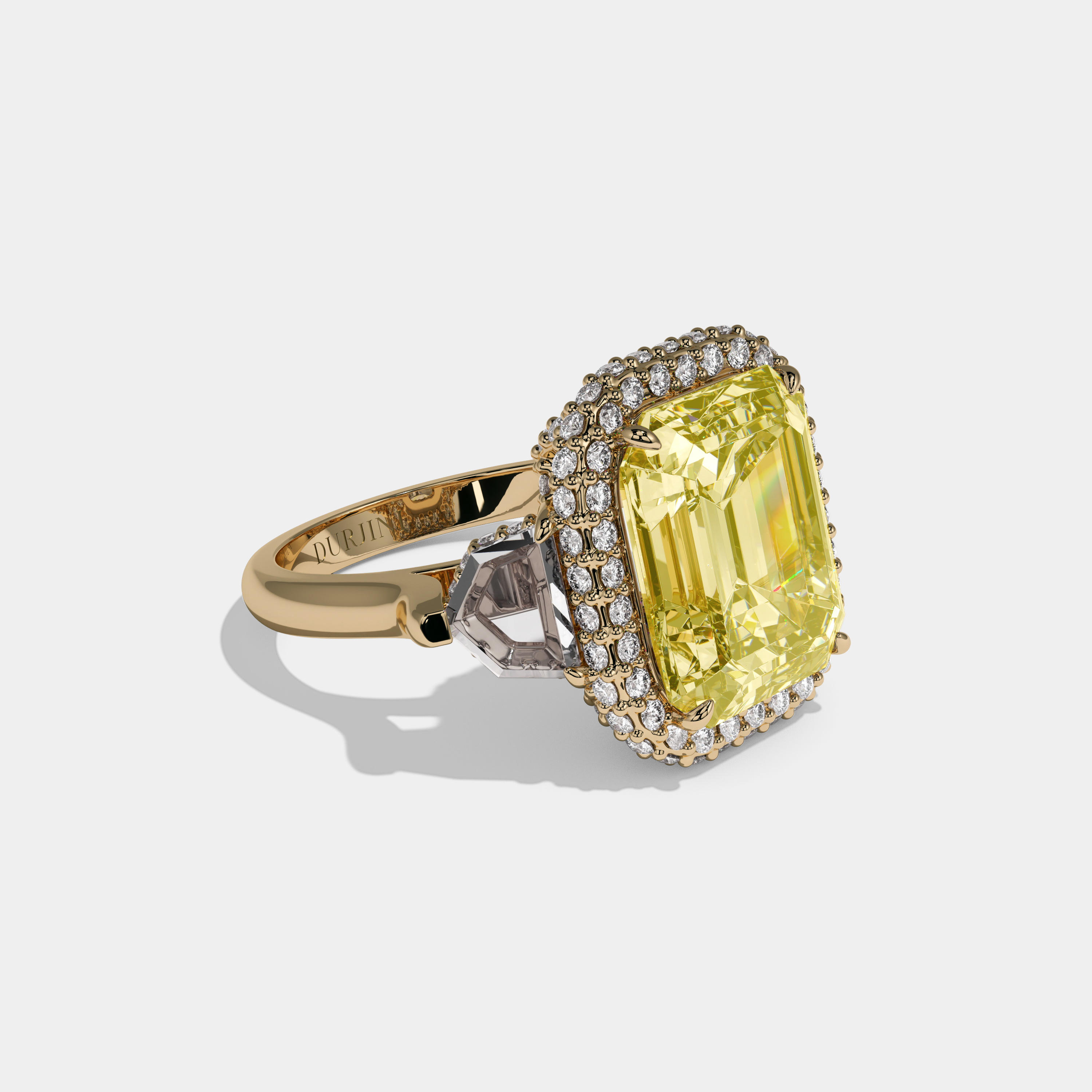 Arabella Fancy Yellow Emerald Cut Diamond Twin Halo With Pentagonal Side Diamond Band Engagement Ring 10ct 18K Yellow Gold