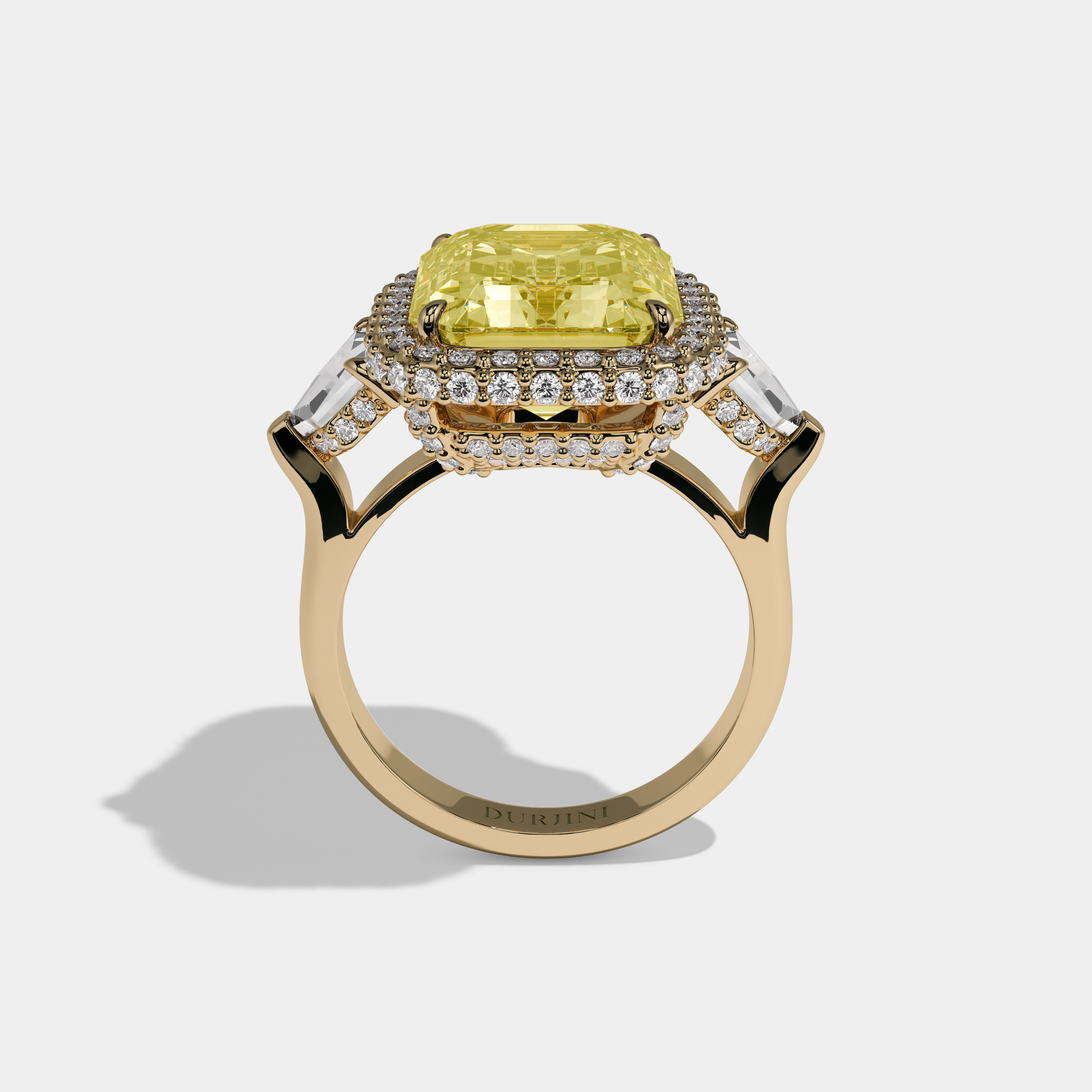 Arabella Fancy Yellow Emerald Cut Diamond Twin Halo With Pentagonal Side Diamond Band Engagement Ring 10ct 18K Yellow Gold