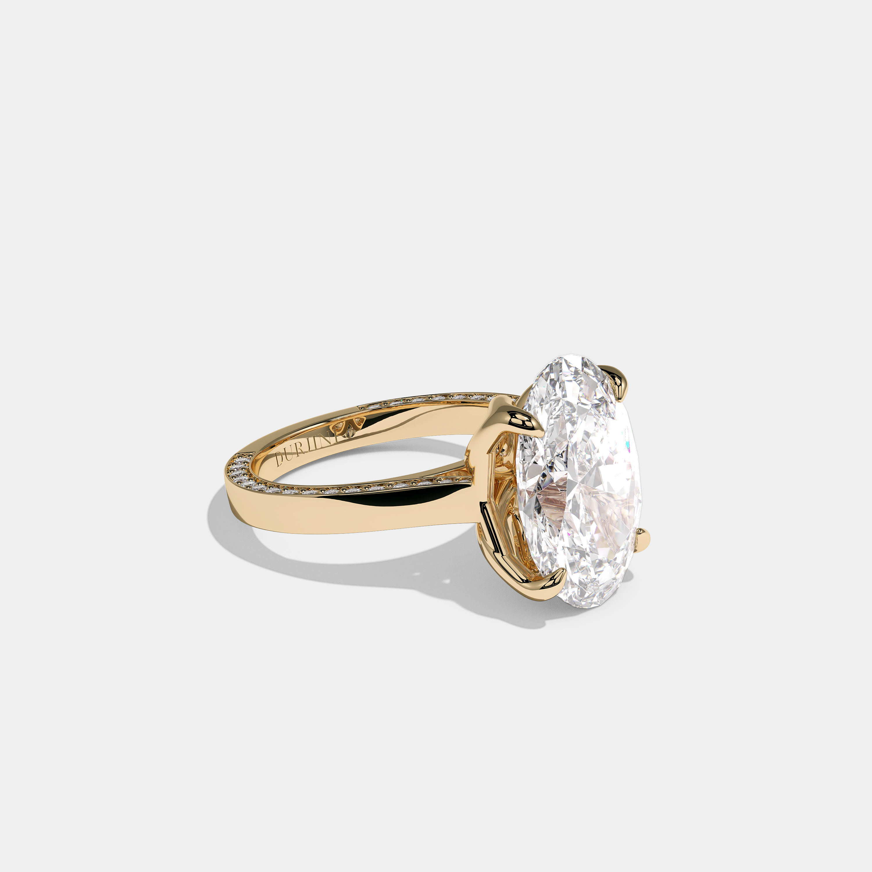 Shira Ravenscourt 10.00ct diamond oval halo engagement ring in 18K yellow gold by Kurbãni Durjini, right view
