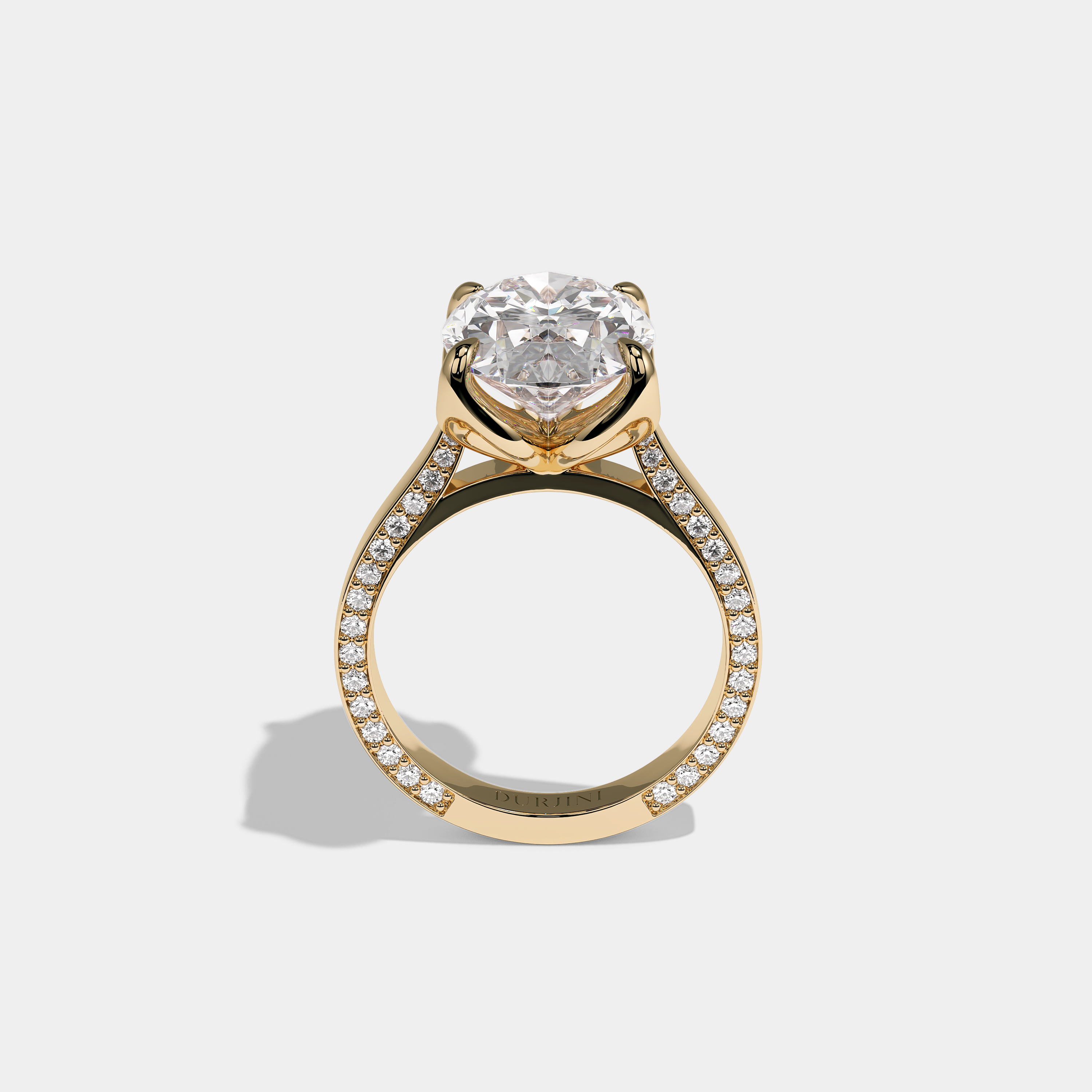 Shira Ravenscourt 10.00ct diamond oval halo engagement ring in 18K yellow gold by Kurbãni Durjini, full view