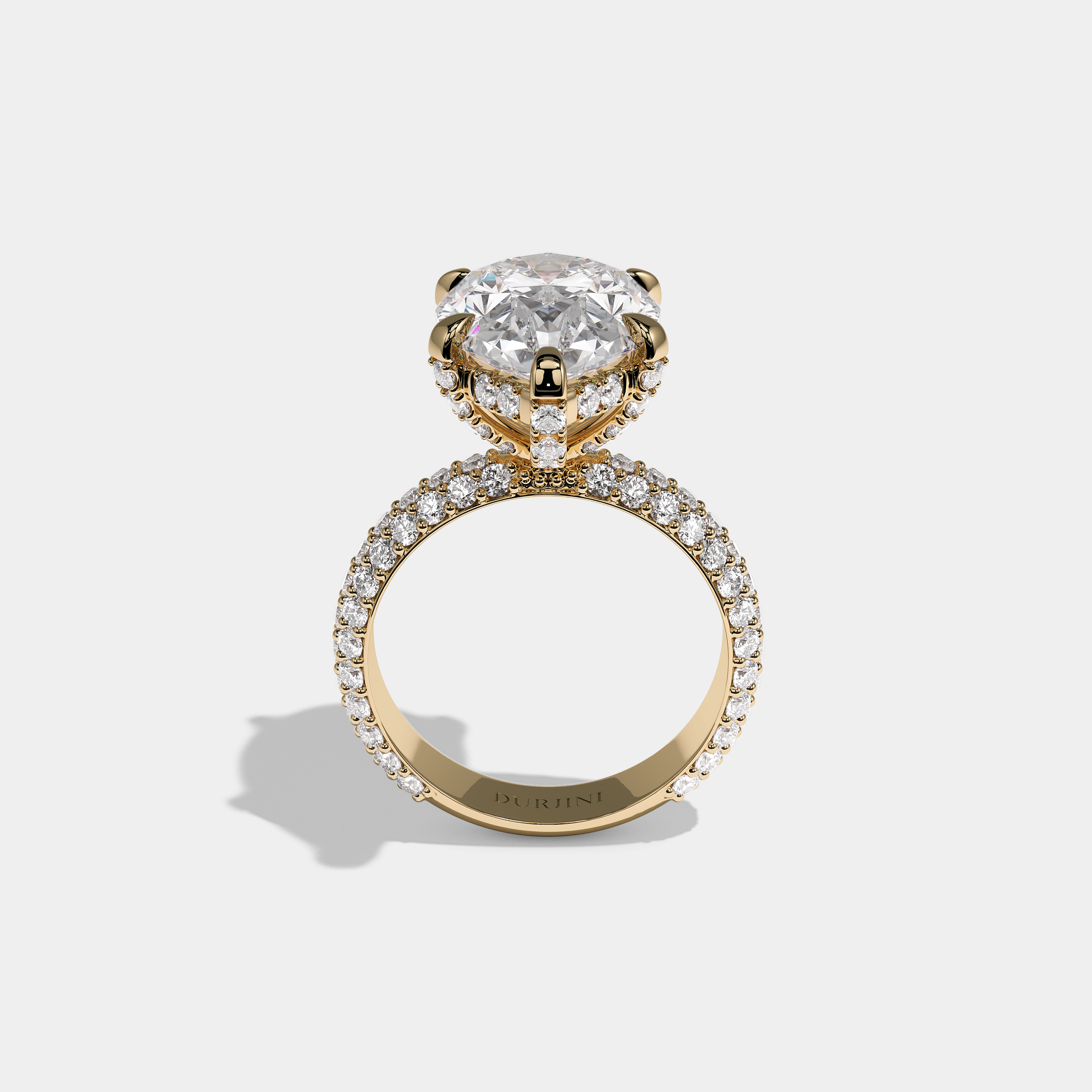 Shira Fairmont 10.00ct diamond pear halo engagement ring in 18K yellow gold by Kurbãni Durjini, full view