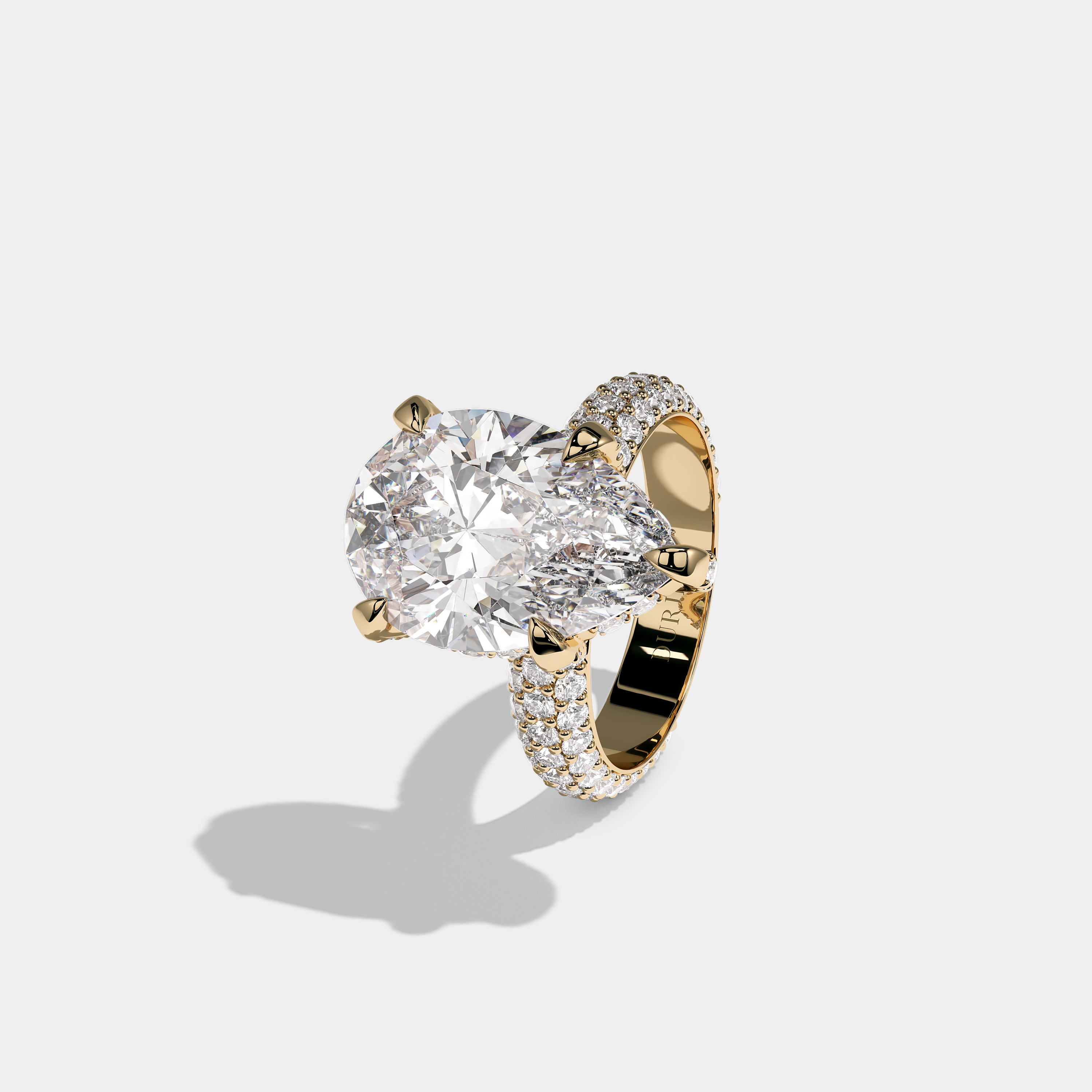 Shira Fairmont 10.00ct diamond pear halo engagement ring in 18K yellow gold by Kurbãni Durjini, left view