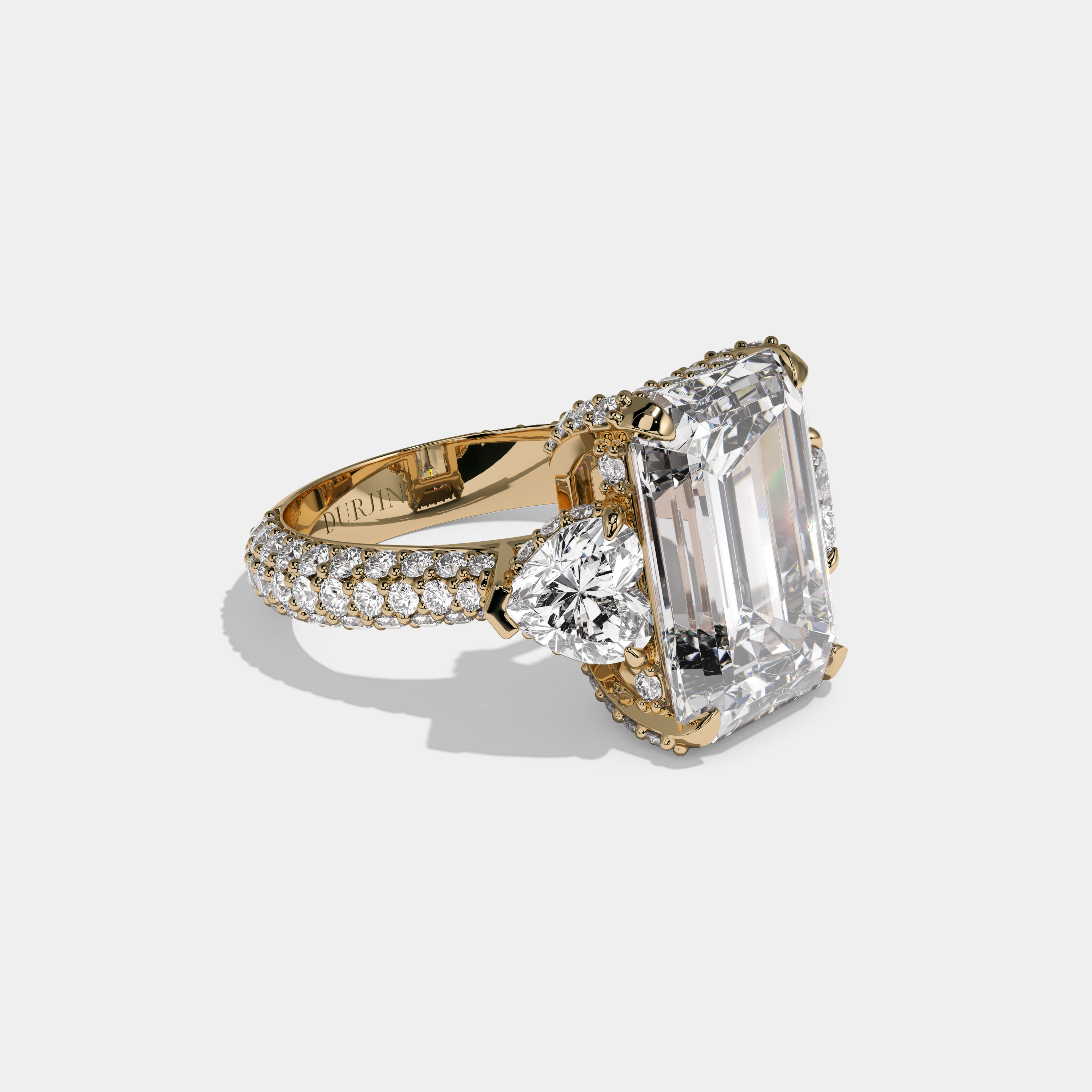 Alice Emerald Cut Diamond Halo Band With Twin Heart Sides Engagement Ring 10ct 18K Yellow Gold